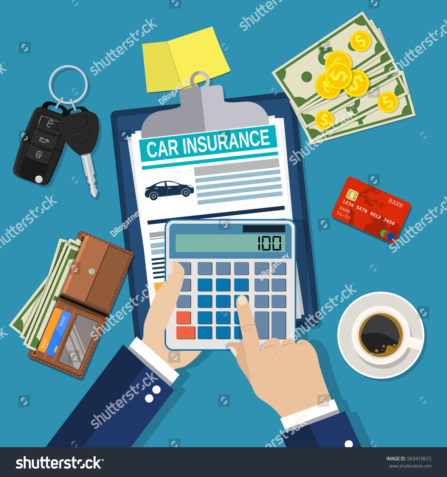 Car insurance form concept. Auto keys  car  calculator  clipboard and money. businessman hands holding calculator. Vector illustration in flat style