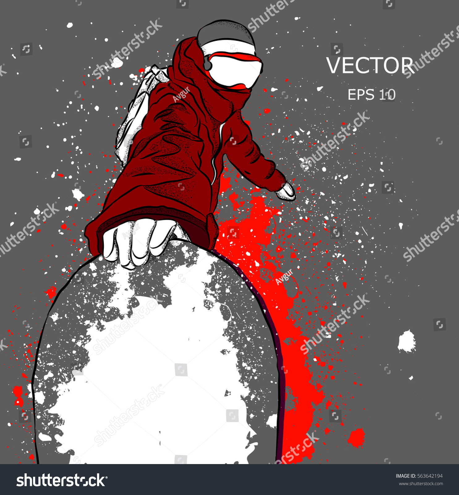 Snowboarder with a snowboard. Grunge background with blots. Vector illustration