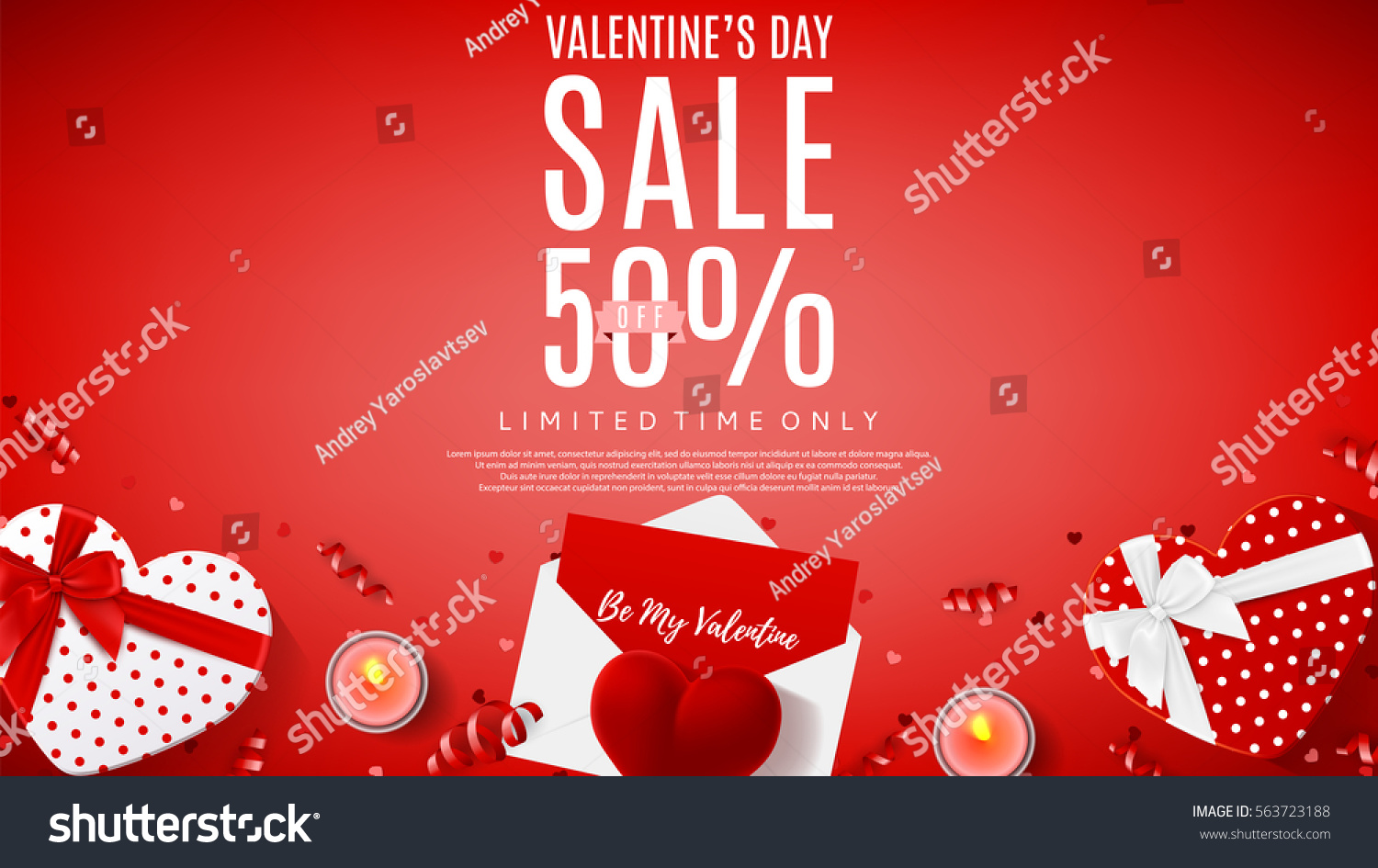 Valentine's Day sale web banner. Top view on composition with gift boxes  red case for ring  candles  confetti. Vector illustration.