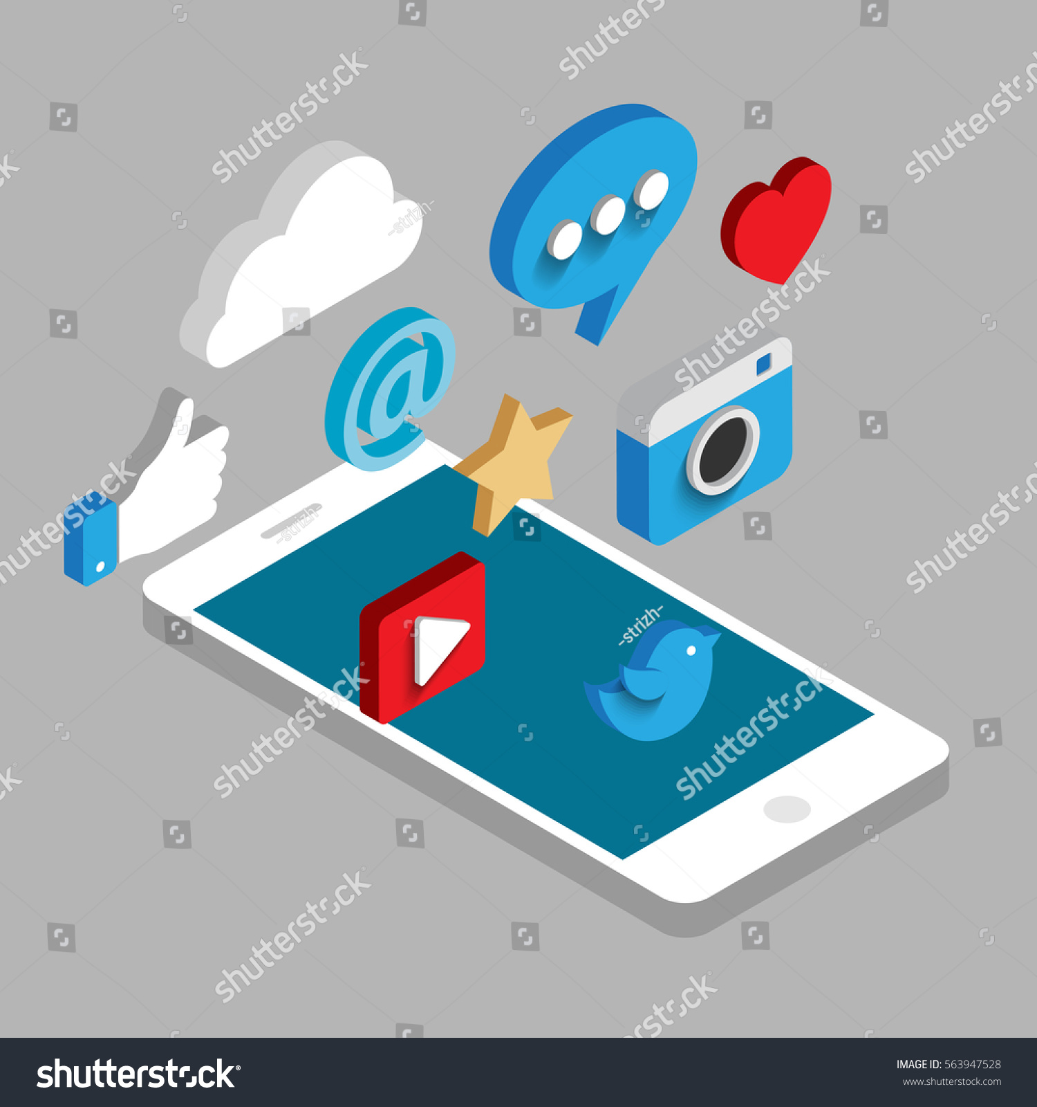 Social media flat 3d isometric concept vector icons. Desktop  chat  video  camera  phone  tablet.  Flat web illustration infographics collection.