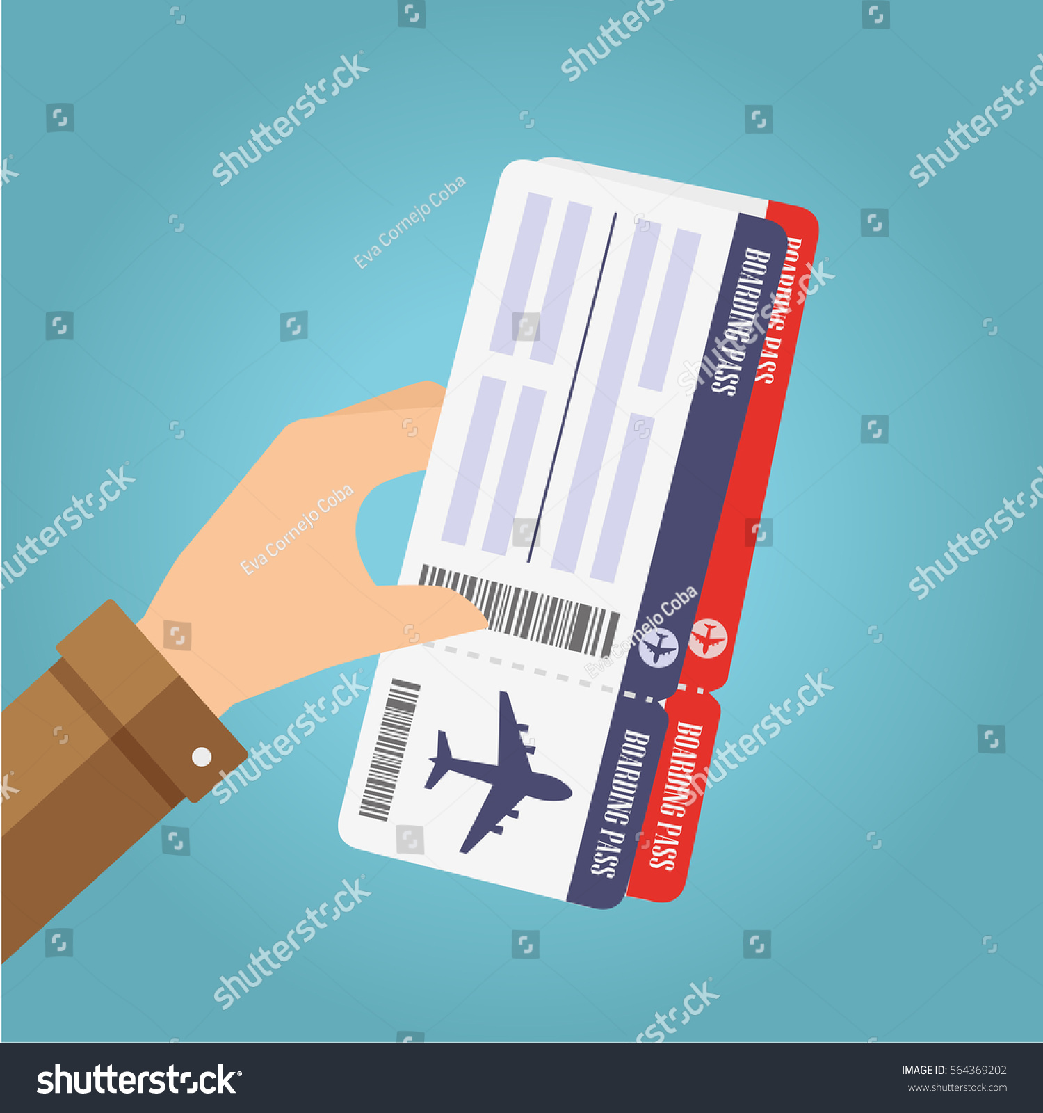Hand holding boarding pass tickets. Air travel concept. Vector illustration.