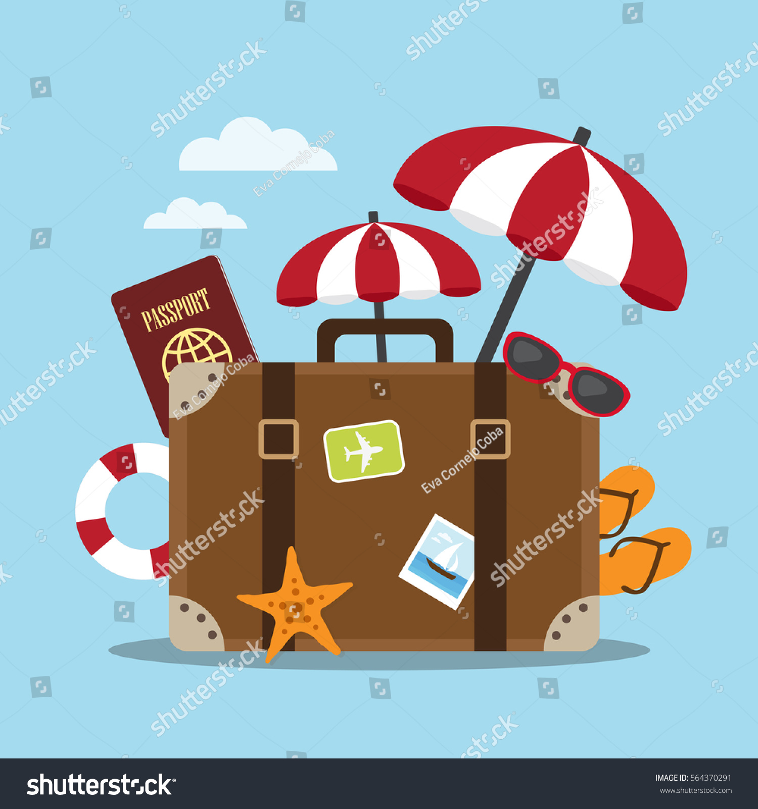 Composition with a suitcase and accessories travel. Holidays on the beach concept. Vector illustration.
