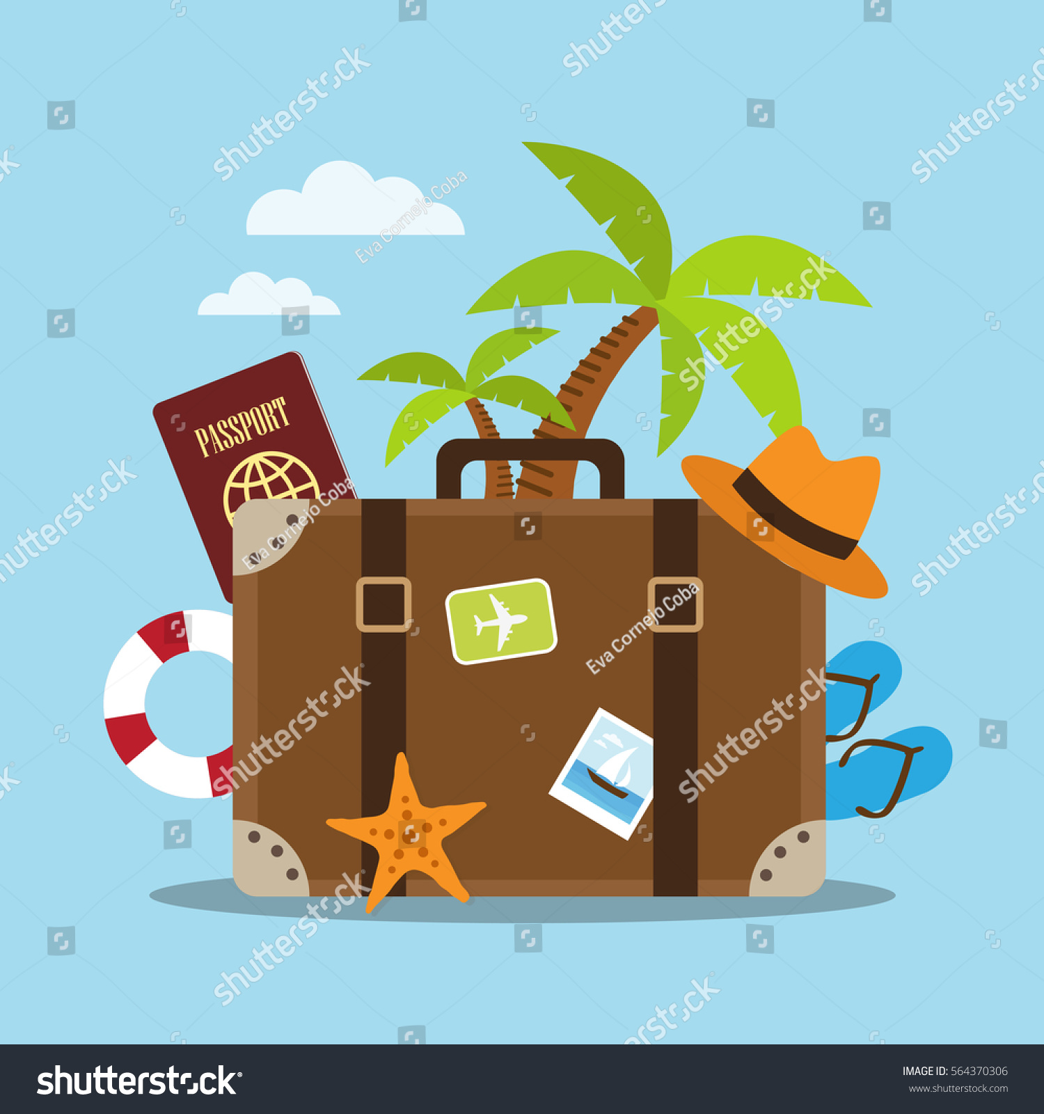 Composition with a suitcase and accessories travel. Holidays on the beach concept. Vector illustration.