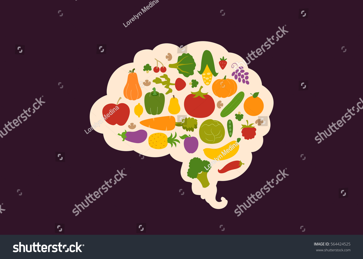 Conceptual Illustration Featuring Nutritious Fruits and Vegetables Packed Inside the Outline of a Human Brain