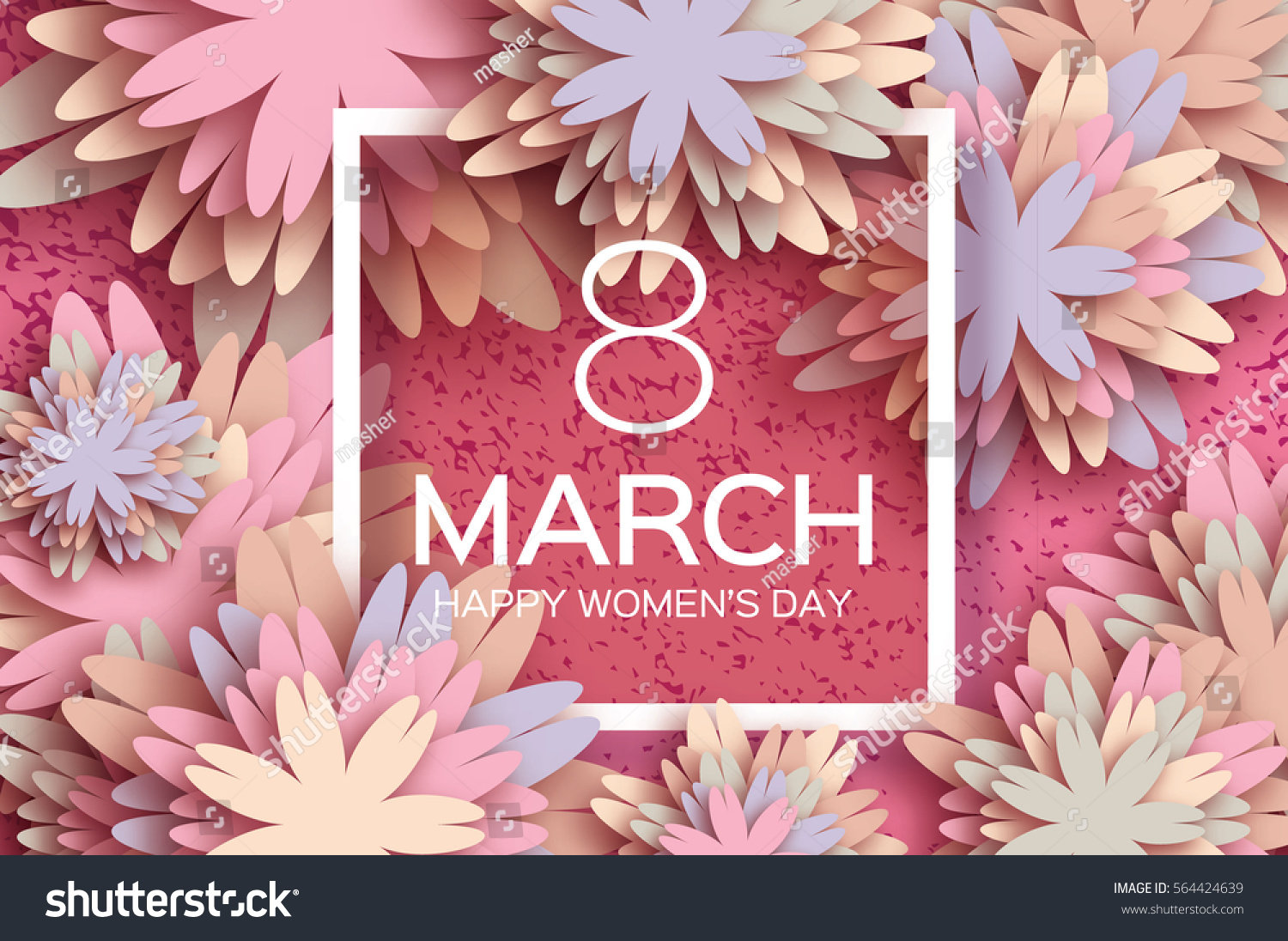 粉彩3月8日。花卉贺卡。妇女节快乐。纸剪裁的假期背景 带方形框架 文本空间。折纸时尚设计模板。母亲节快乐。矢量图