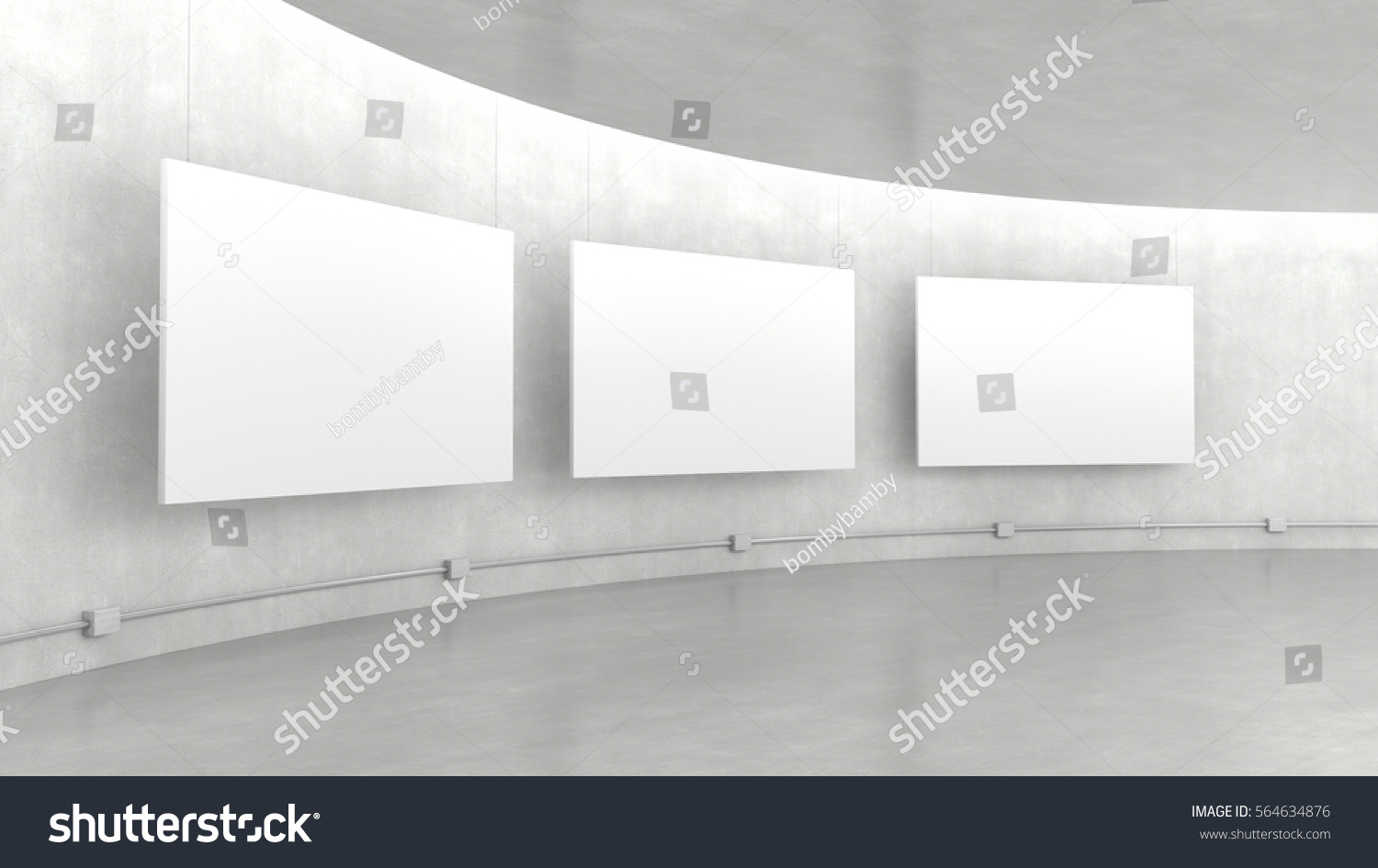 Empty modern exhibition gallery interior and hanging white canvas with light from ceiling. 3D rendering.