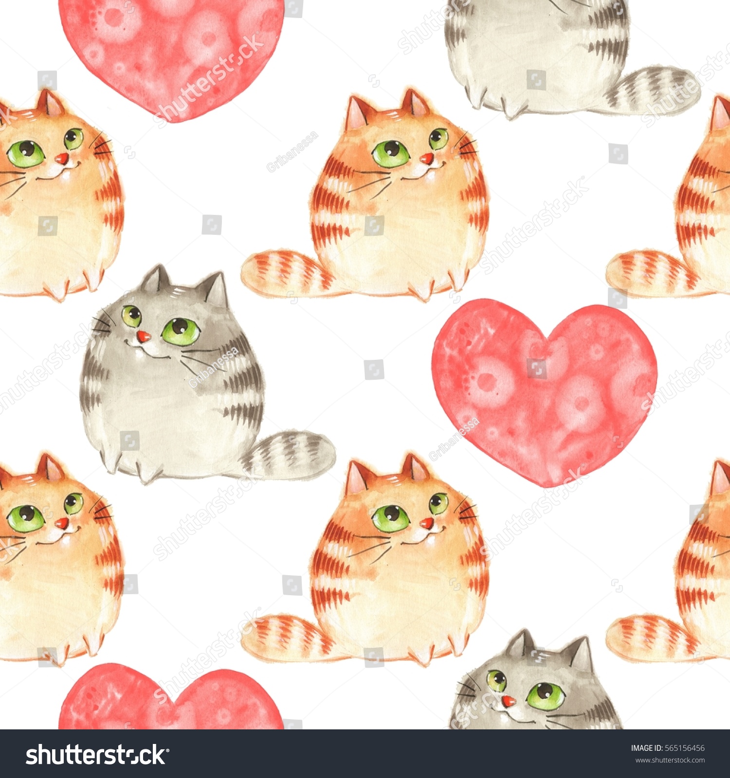 Cartoon cats. Watercolor seamless pattern 2. Valentine's day.