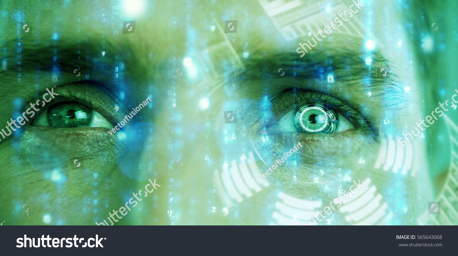 Digitally generated image of volume knob with graph against close up of man eyes