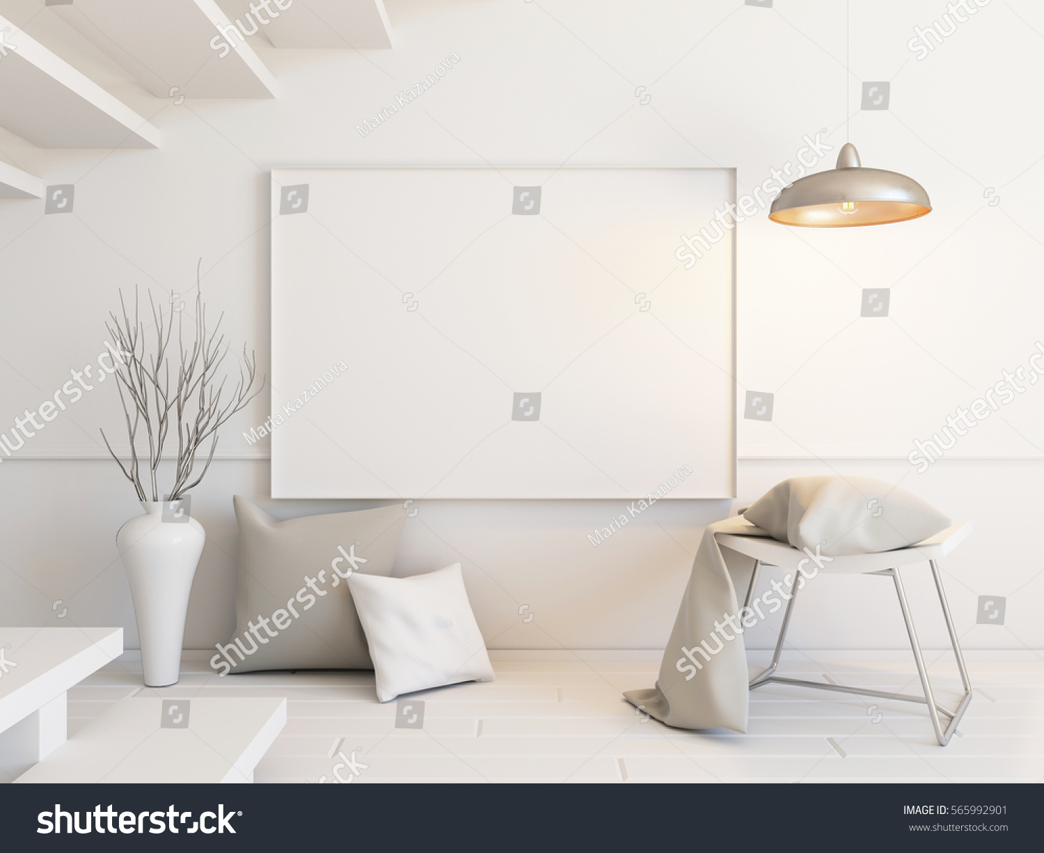 Interior mockup illustration with decor  3d render  white wall with blank board