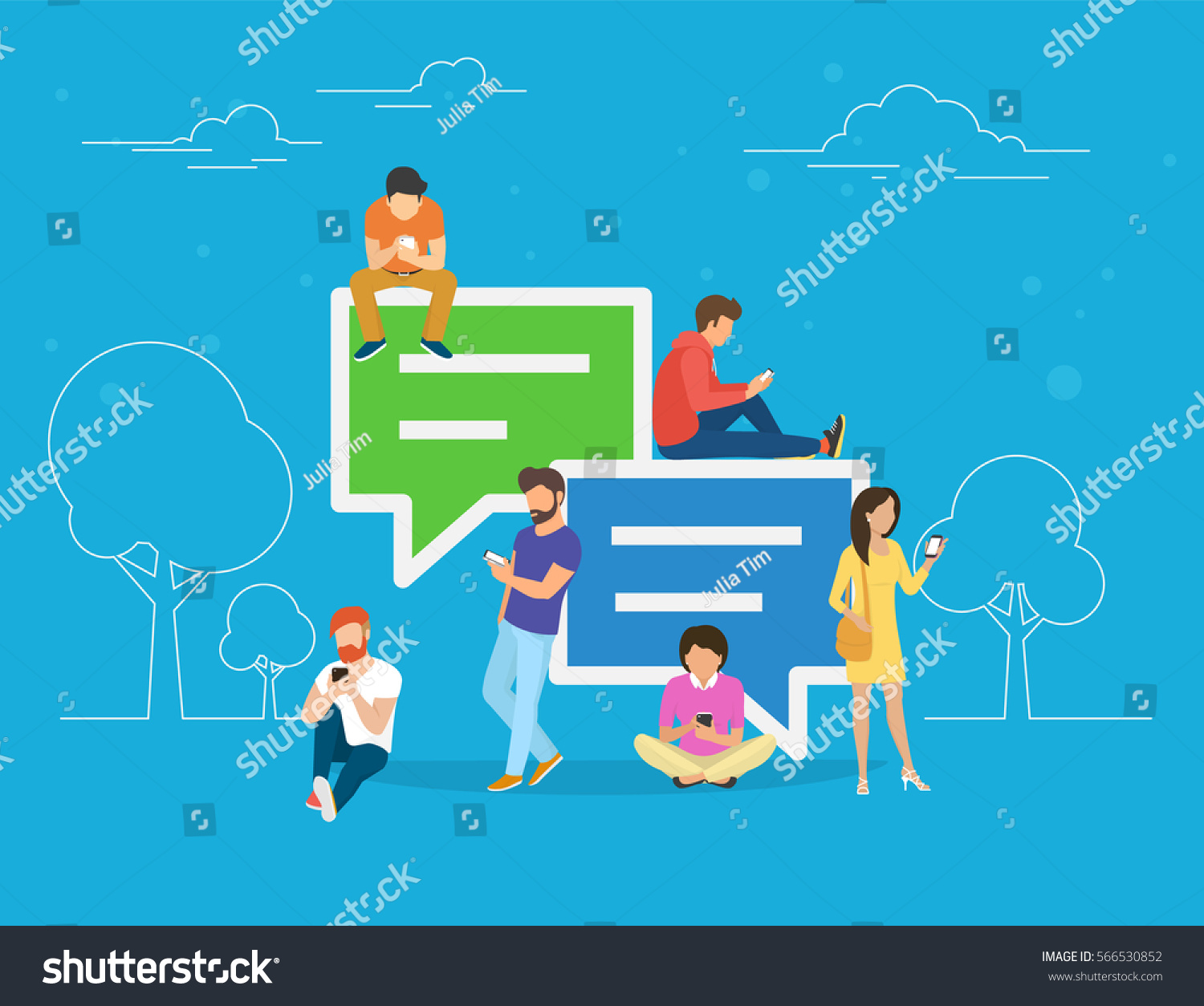 Speech bubbles for comment anf reply concept flat vector illustration of young people using mobile smartphone for texting and leaving comments in social networks. Guys and women sitting on big symbols