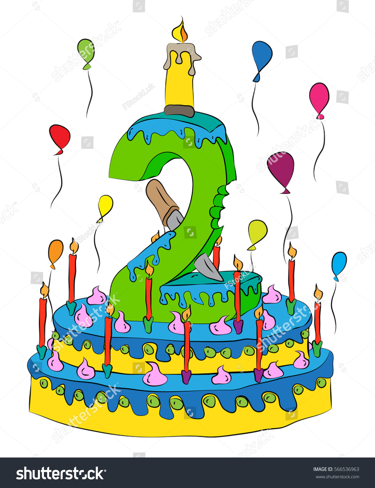 colorful number two block on birthday cake with full of lighted
