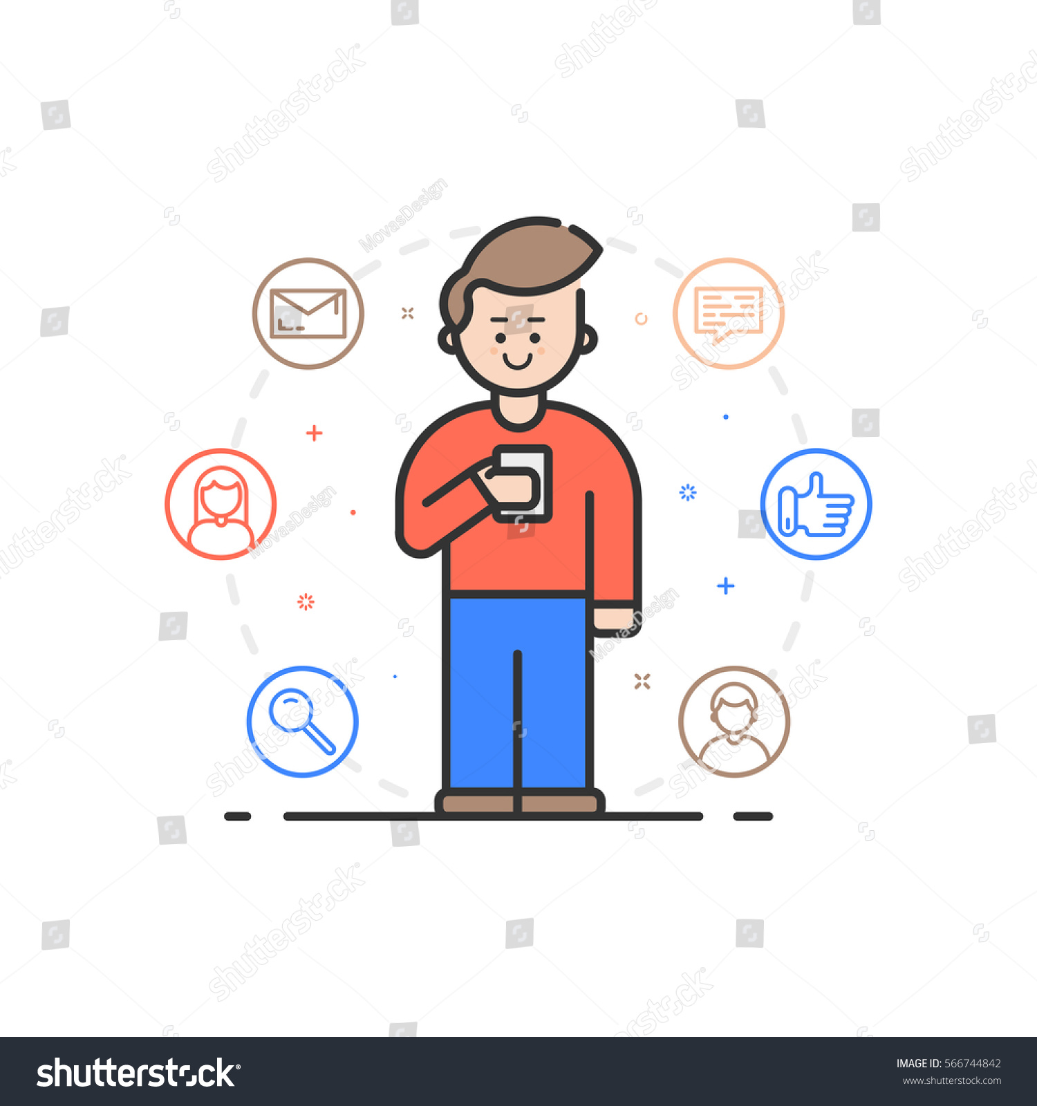 Vector illustration in flat linear style. Boy holding mobile phone with smile on his face - receiving comments  notifications and appreciations from his customers and followers - outline stock vector.