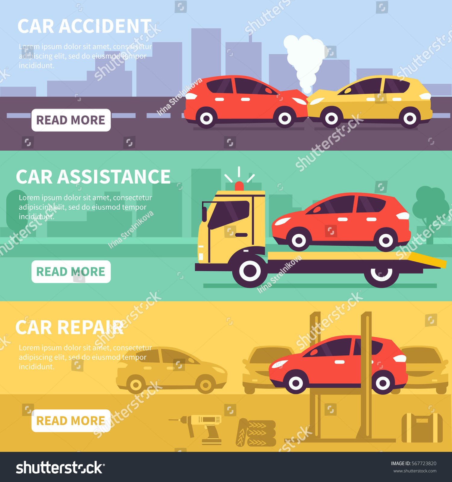 Banner set about car inuranse  assistance and service. Vector illusrtation. 
