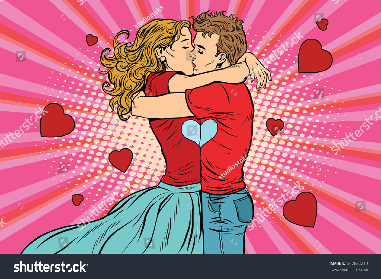 Love couple kiss  boy and girl in Valentines day  pop art retro vector. A romantic date. Young people