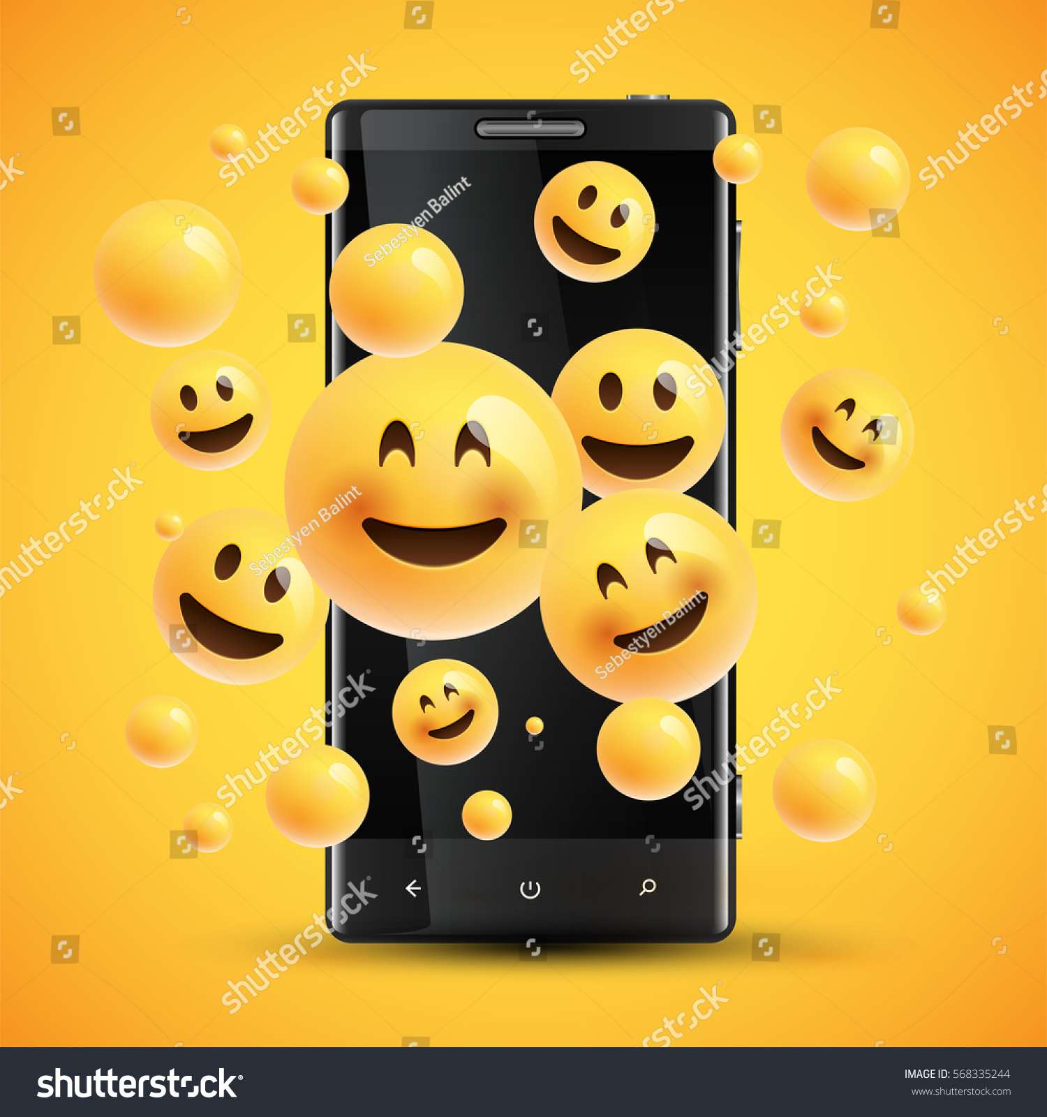 Realistic happy yellow emoticons in front of a cellphone  vector illustration