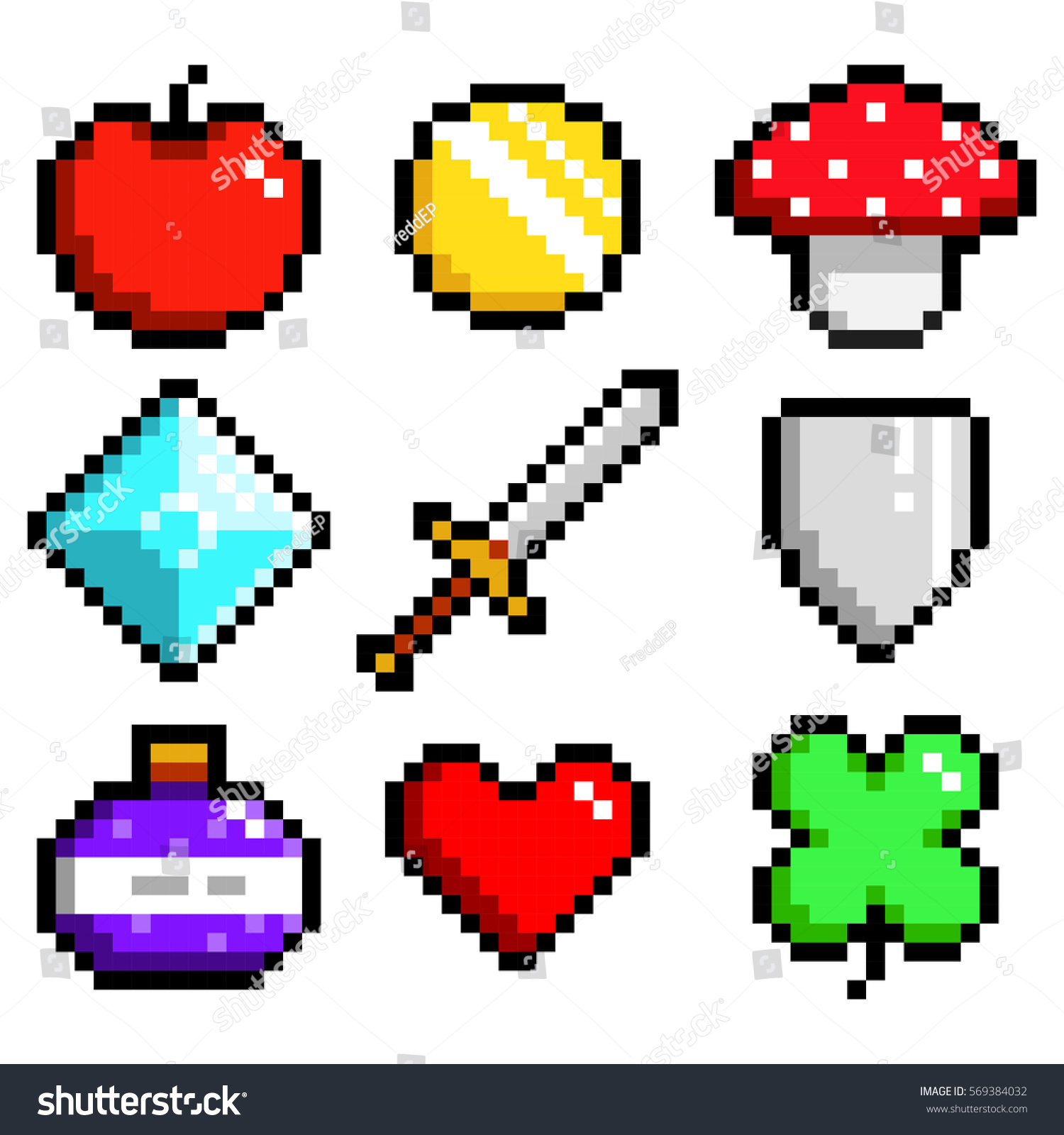 Set of minimalistic pixel art vector objects isolated. game 8 bit style. minimalistic pixel graphic symbols group collection. apple  coin  mushroom  diamond  sword  shield  potion  heart  lucky clever