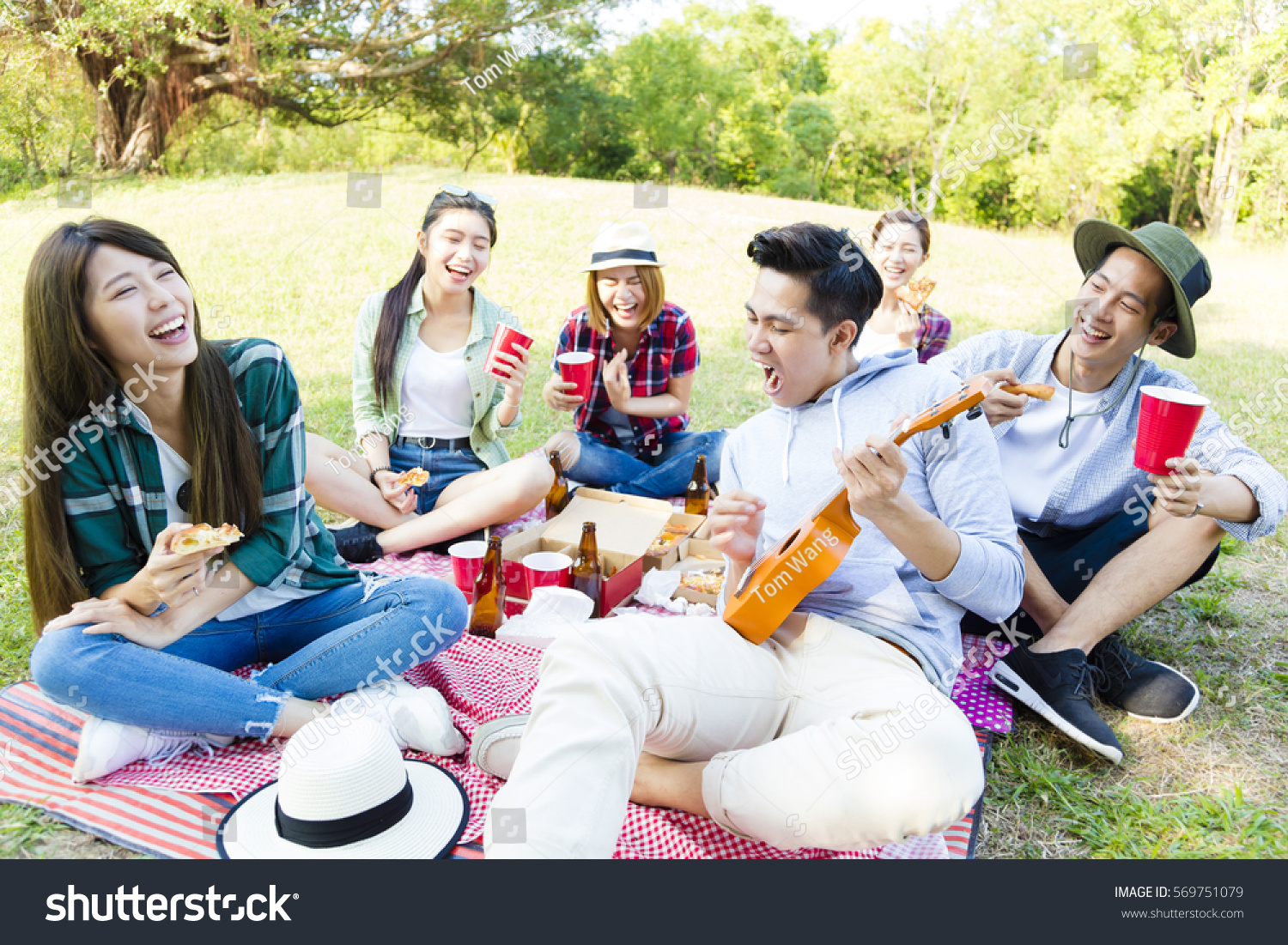 happy young friends group enjoying  picnic party 