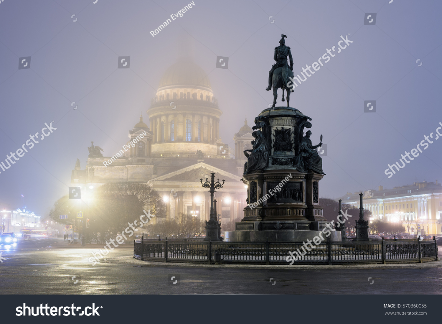 Foggy Petersburg St Isaac Cathedral and Monument to Emperor Nicholas I St Petersburg Russia