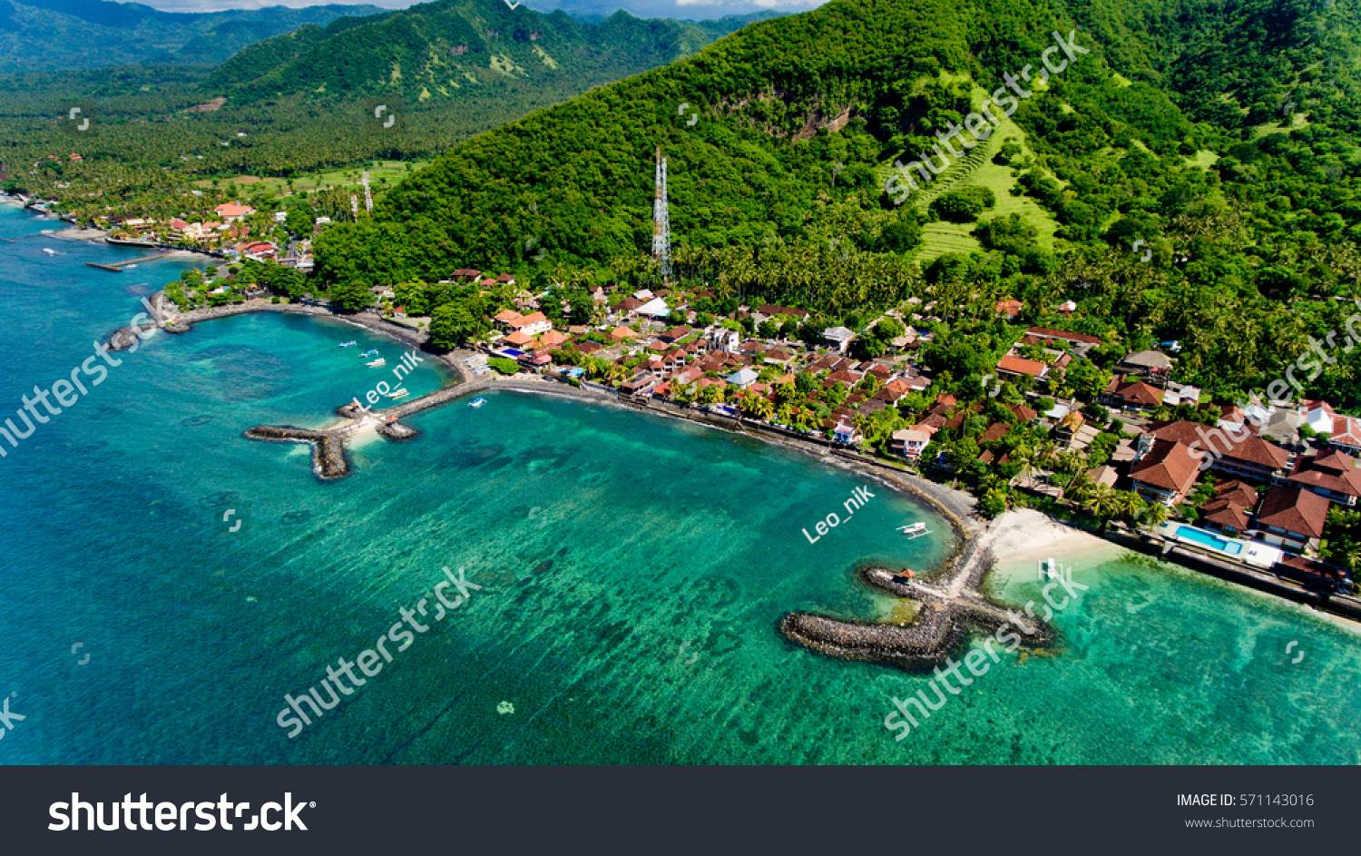 Aerial view of the beautiful bay in Candidasa Beach  Bali  Indonesia.