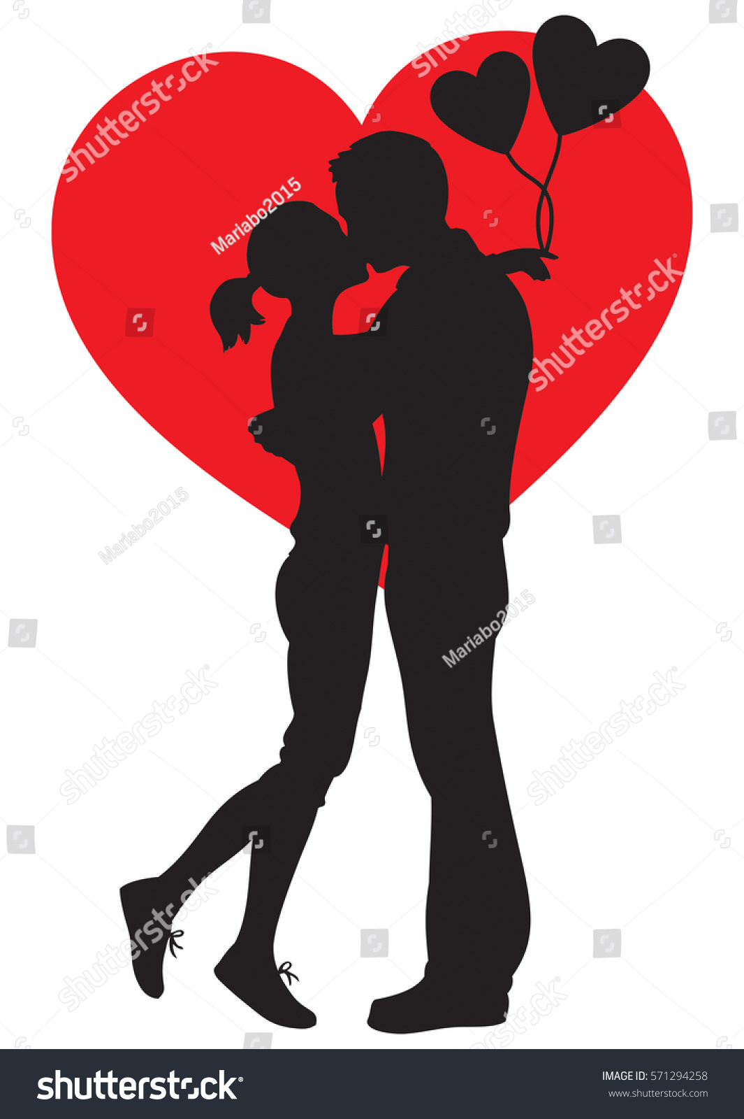 Silhouette illustration of lovers kissing couple embracting on white background