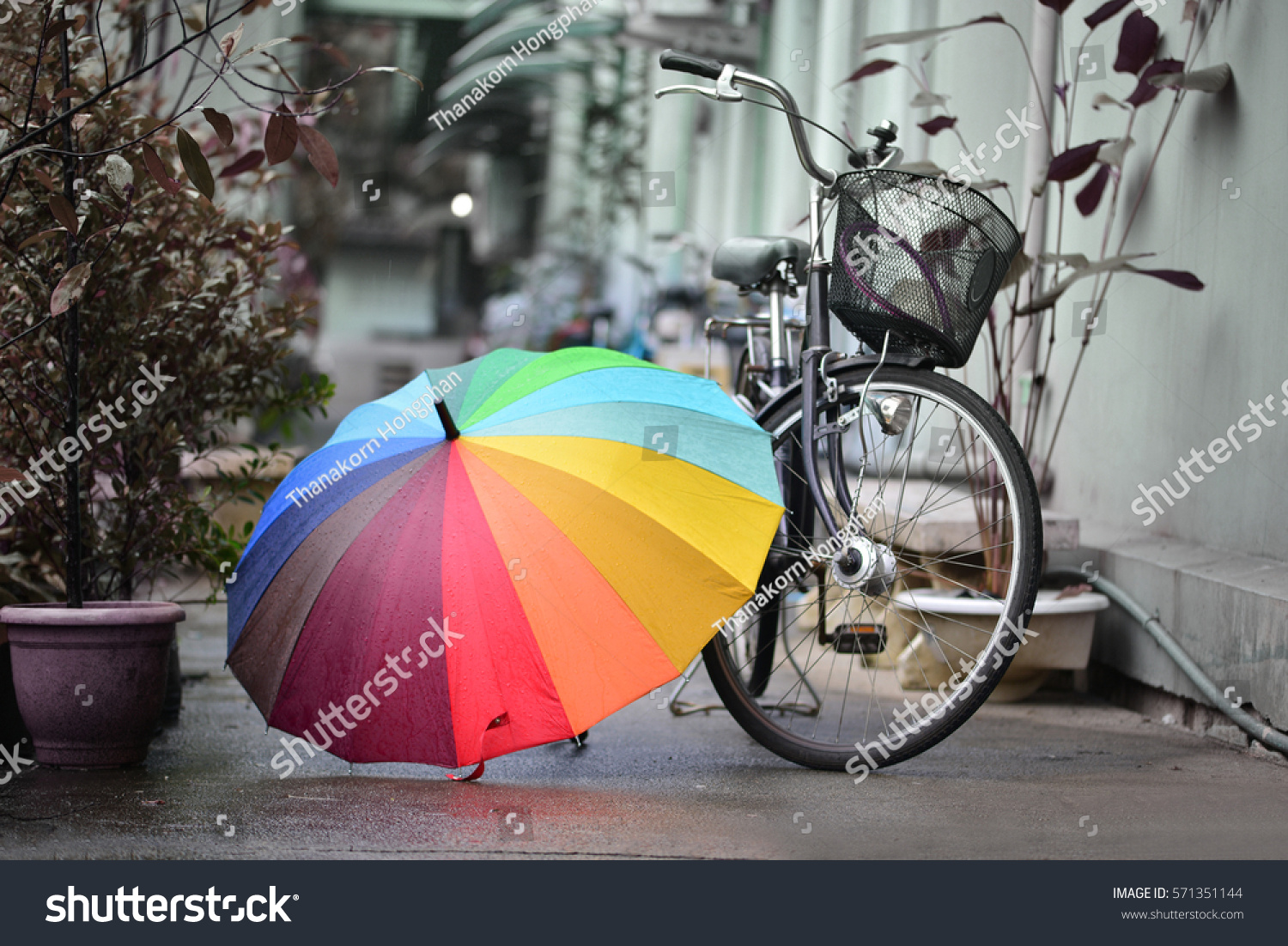 colorful umbrella and bicycle in rainy day
