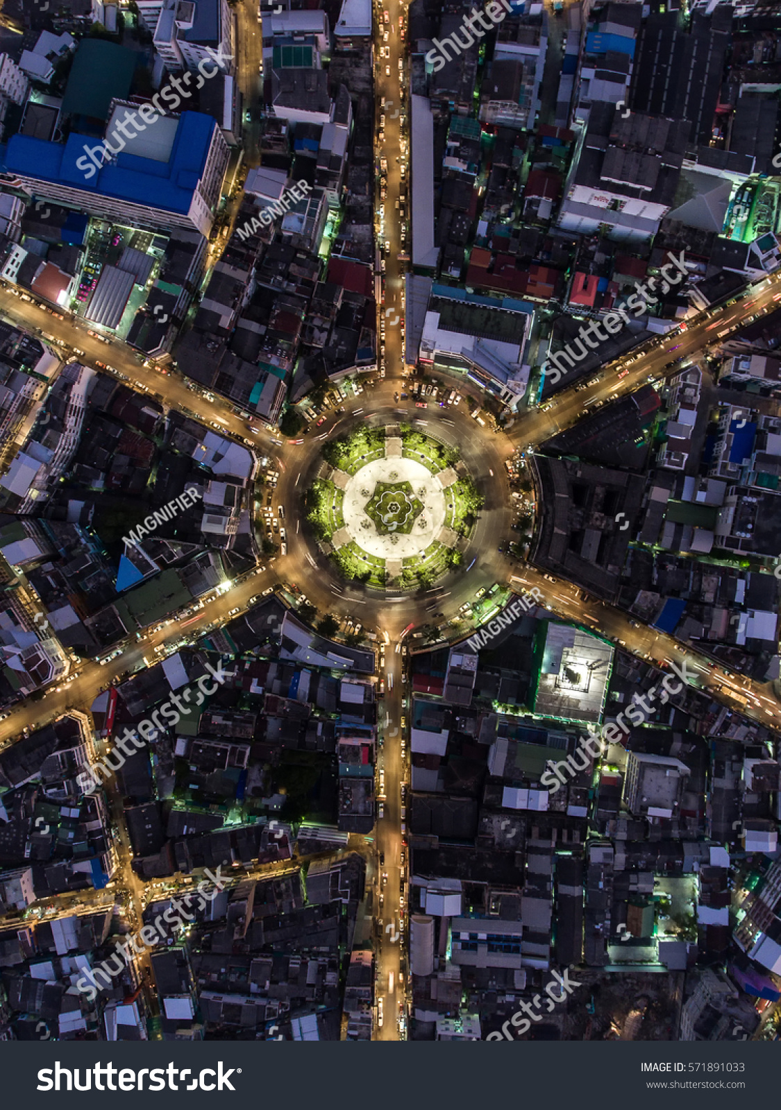 The light on the road roundabout at night and the city in Bangkok Thailand.Aerial view.Top view.Light scenic road.
