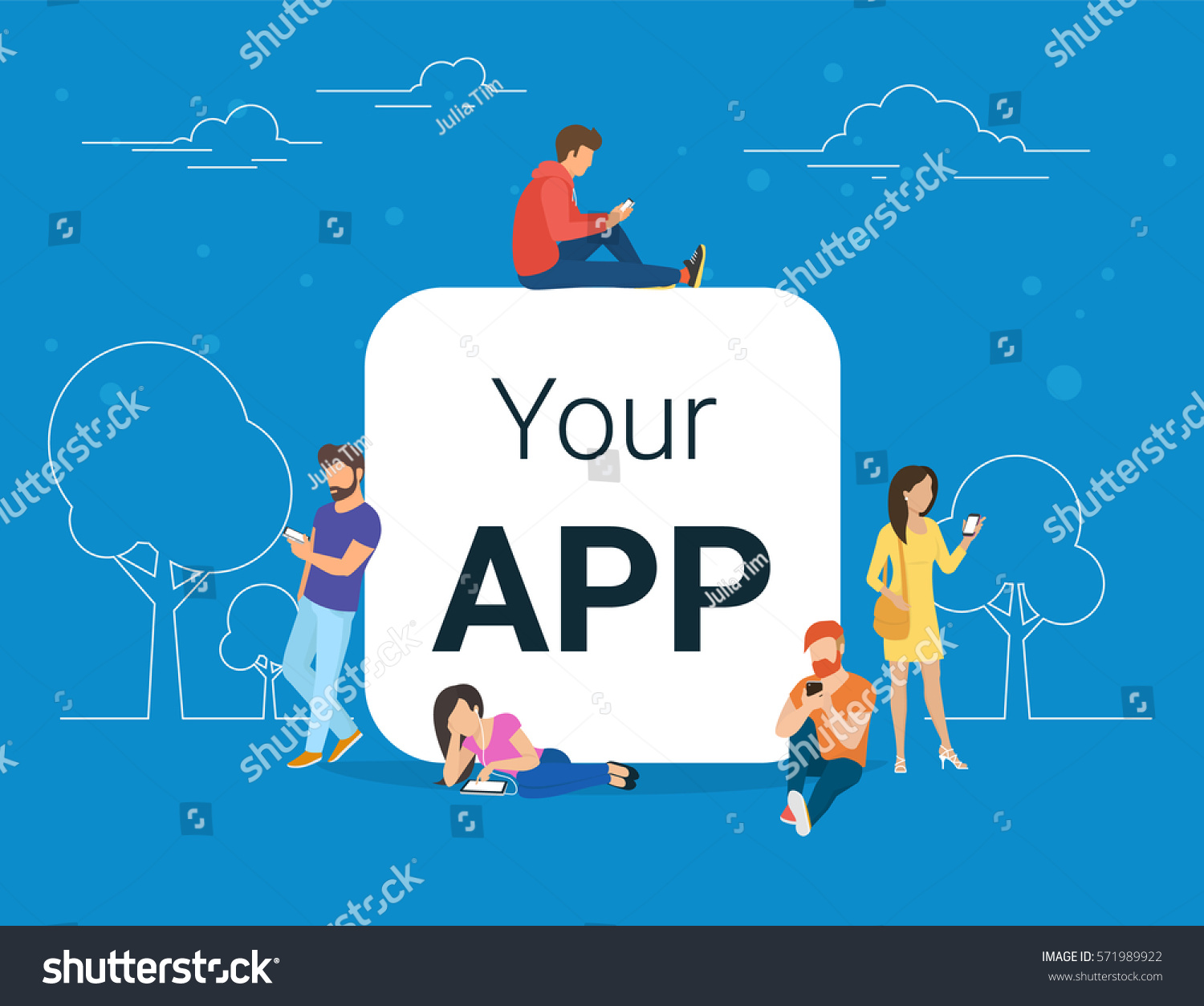 Young men and women are standing near big mobile app symbol and using their smart phones  reading news and texting message to friends. Flat concept illustration of white app blank on blue background