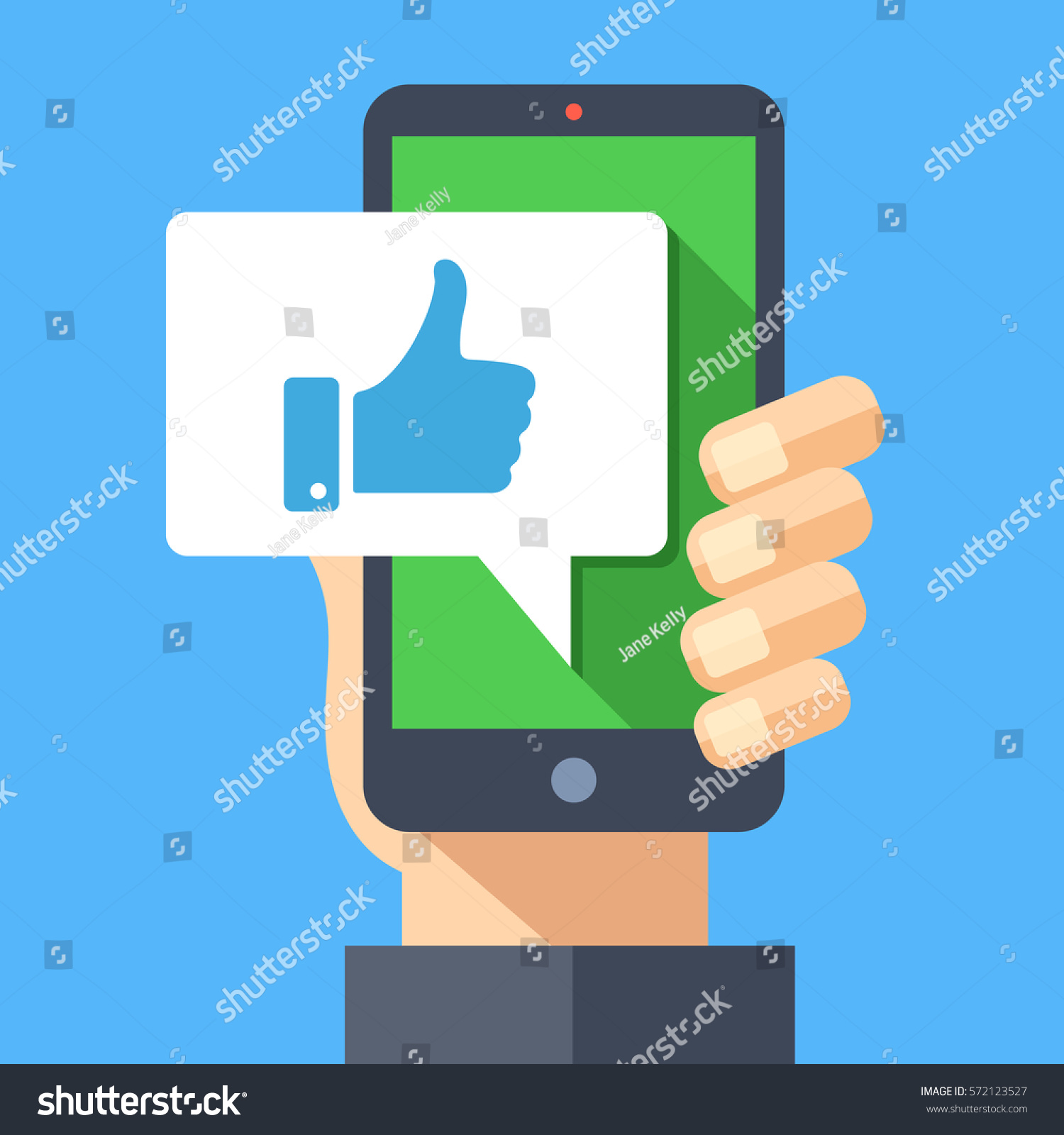 Hand holding smartphone with like message on screen  like button. Thumbs up icon. Social network  social media usage on mobile device. Concept for websites  web banner. Flat design vector illustration