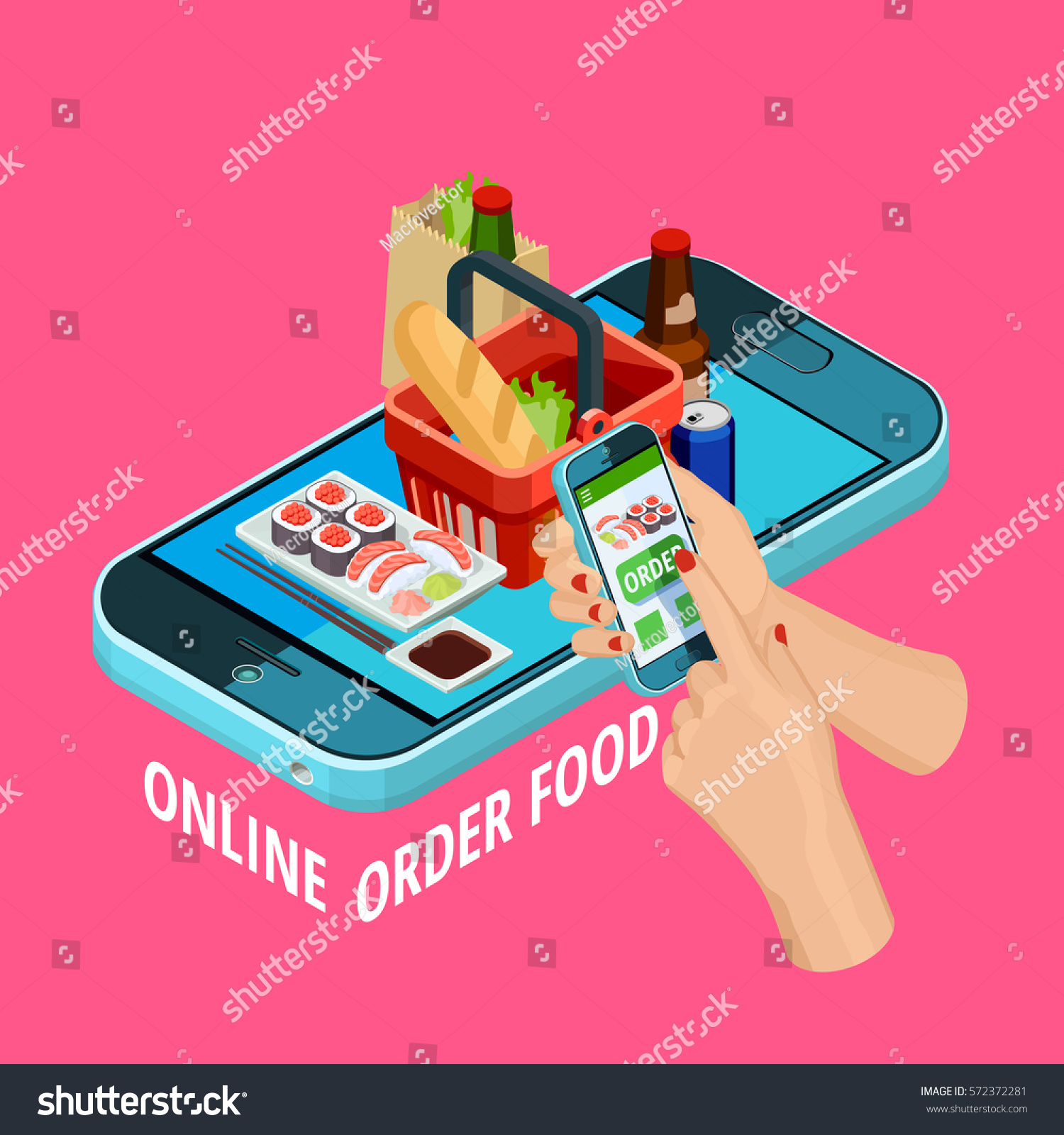 Easy online food order isometric advertisement poster with smartphone checkout grocery basket on pink background vector illustration 