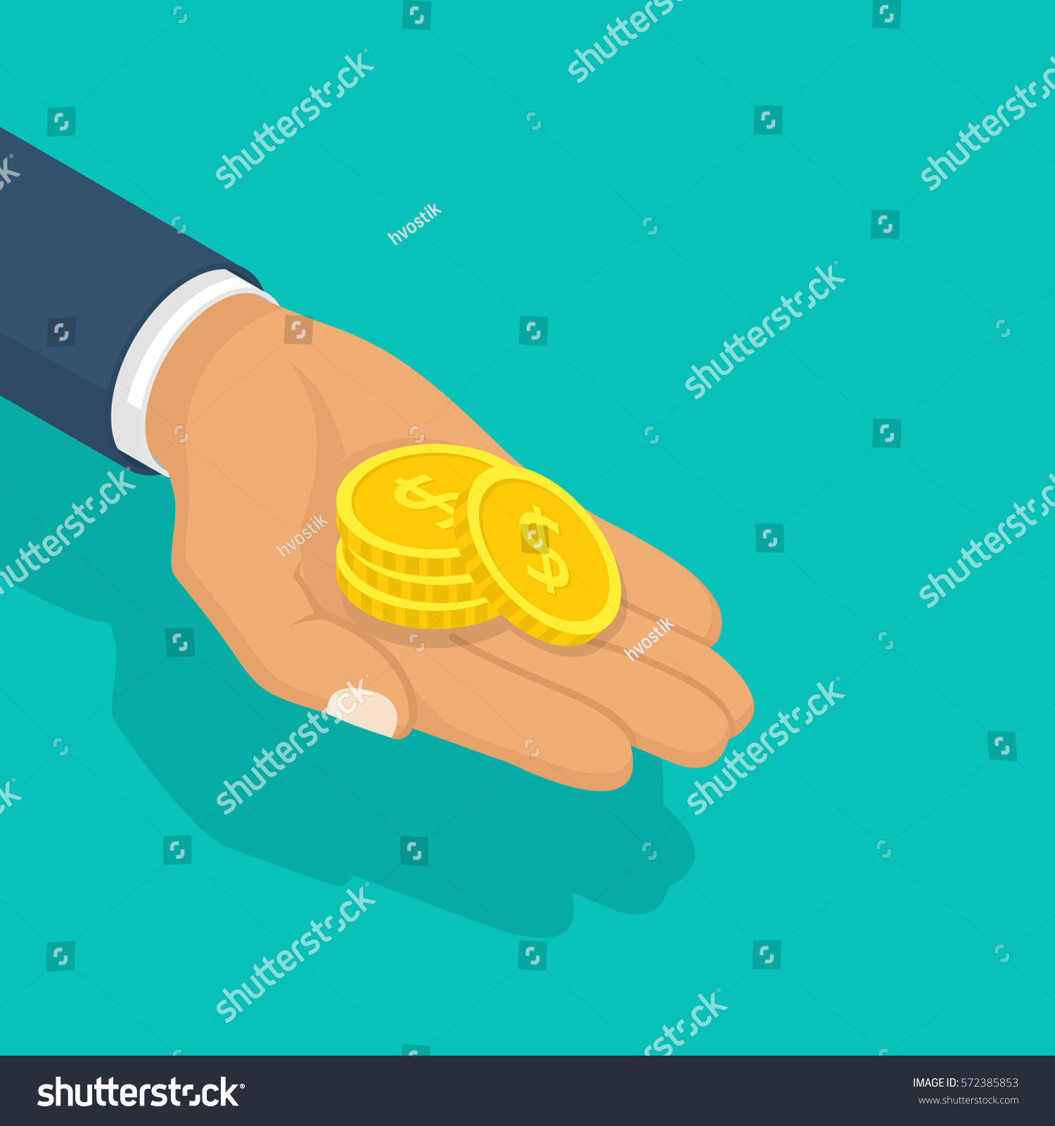 Gold coin in hand businessman isometric design. Vector illustration flat design. Isolated on background. Giving  receiving take money. Concept of charity  donate. Stack of coins.