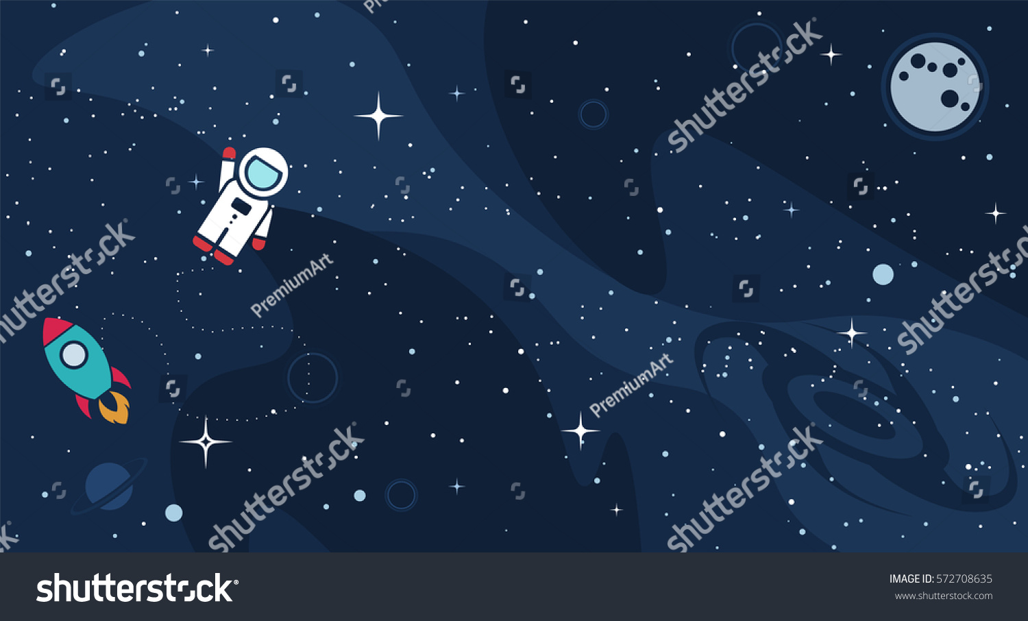 Vector flat space design background with text. Cute template with Astronaut  Spaceship  Rocket  Moon  Black Hole  Stars in Outer space