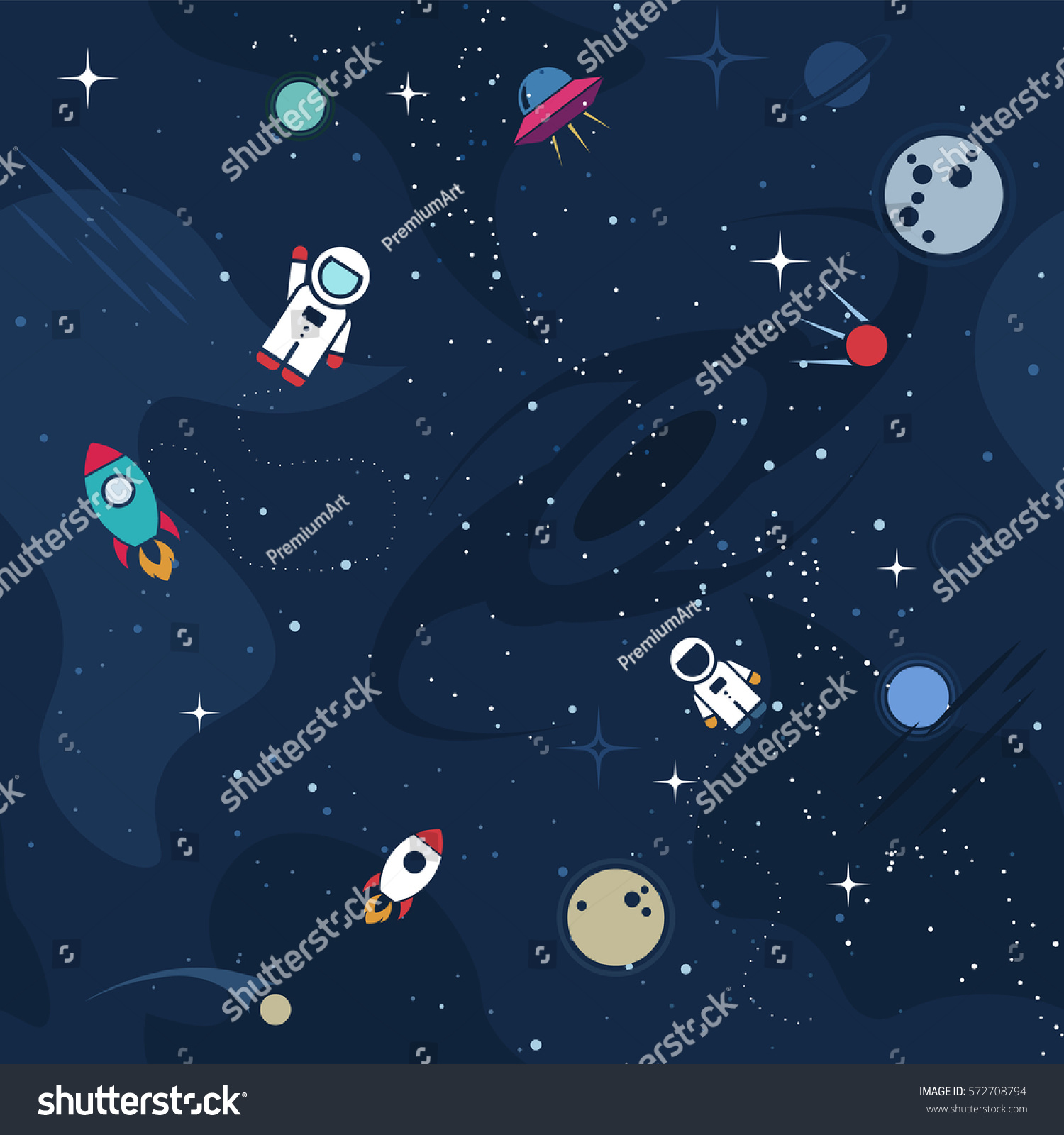 Vector flat space seamless pattern background. Cute template with Astronaut  Spaceship  Rocket  Moon  Black Hole  Stars in Outer space