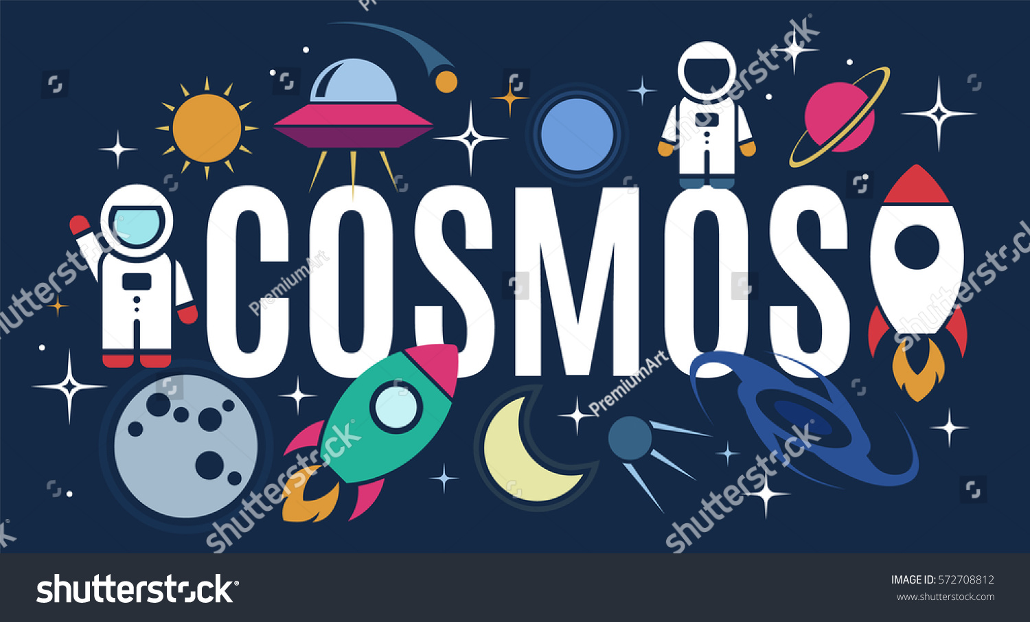 Vector flat cosmos design background with text. Cute template with Astronaut  Spaceship  Rocket  Moon  Black Hole  Stars in Outer space