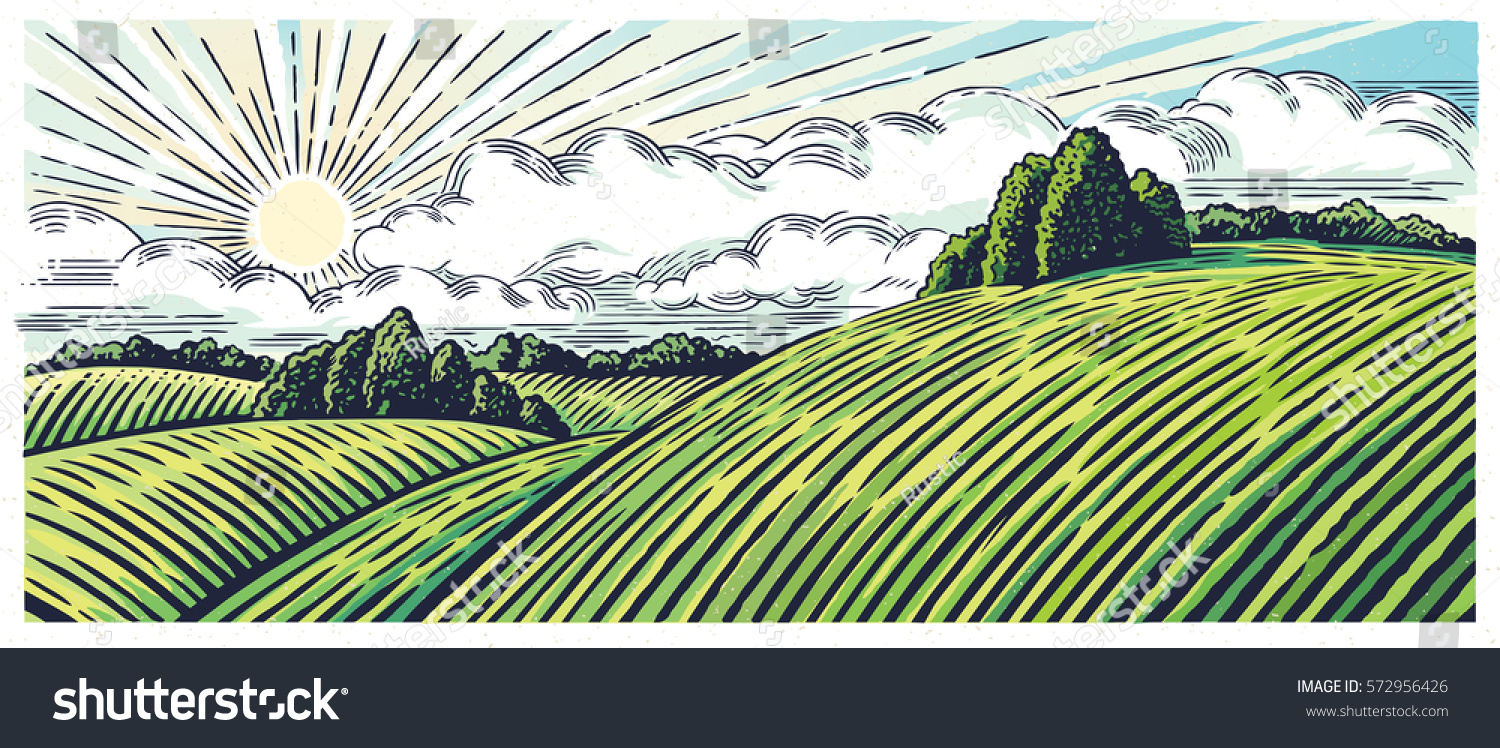 Rural landscape with hills and medows  in the graphic style  illustration is hand-drawn. 