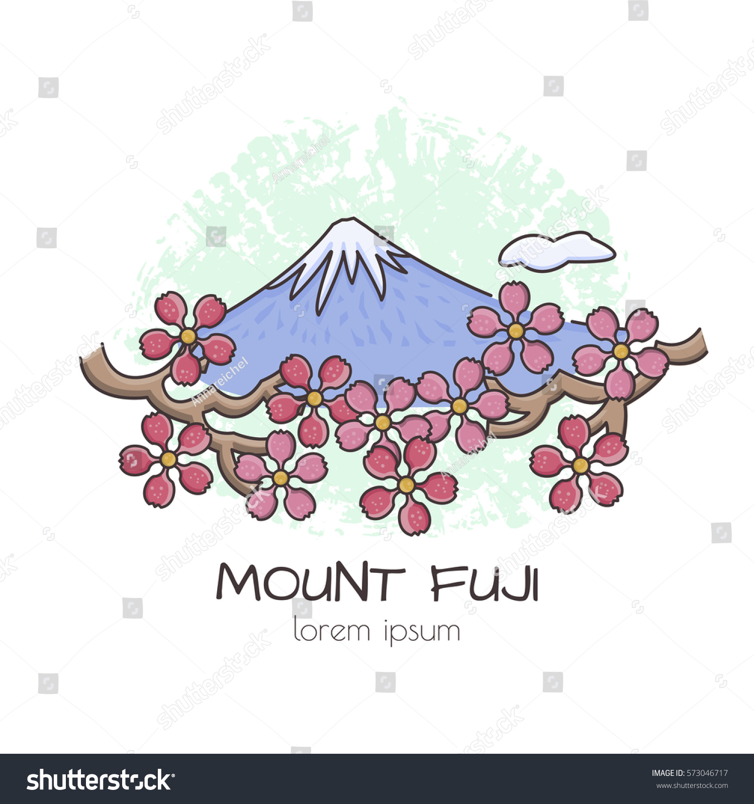 Fuji and Sakura Blossoms vector illustration. All objects are conveniently grouped and easily editable