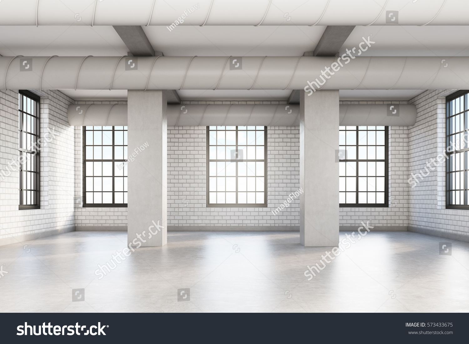 Empty loft room with white brick walls columns and pipes near the ceiling. Concept of a comfortable office. 3d rendering. Mock up.