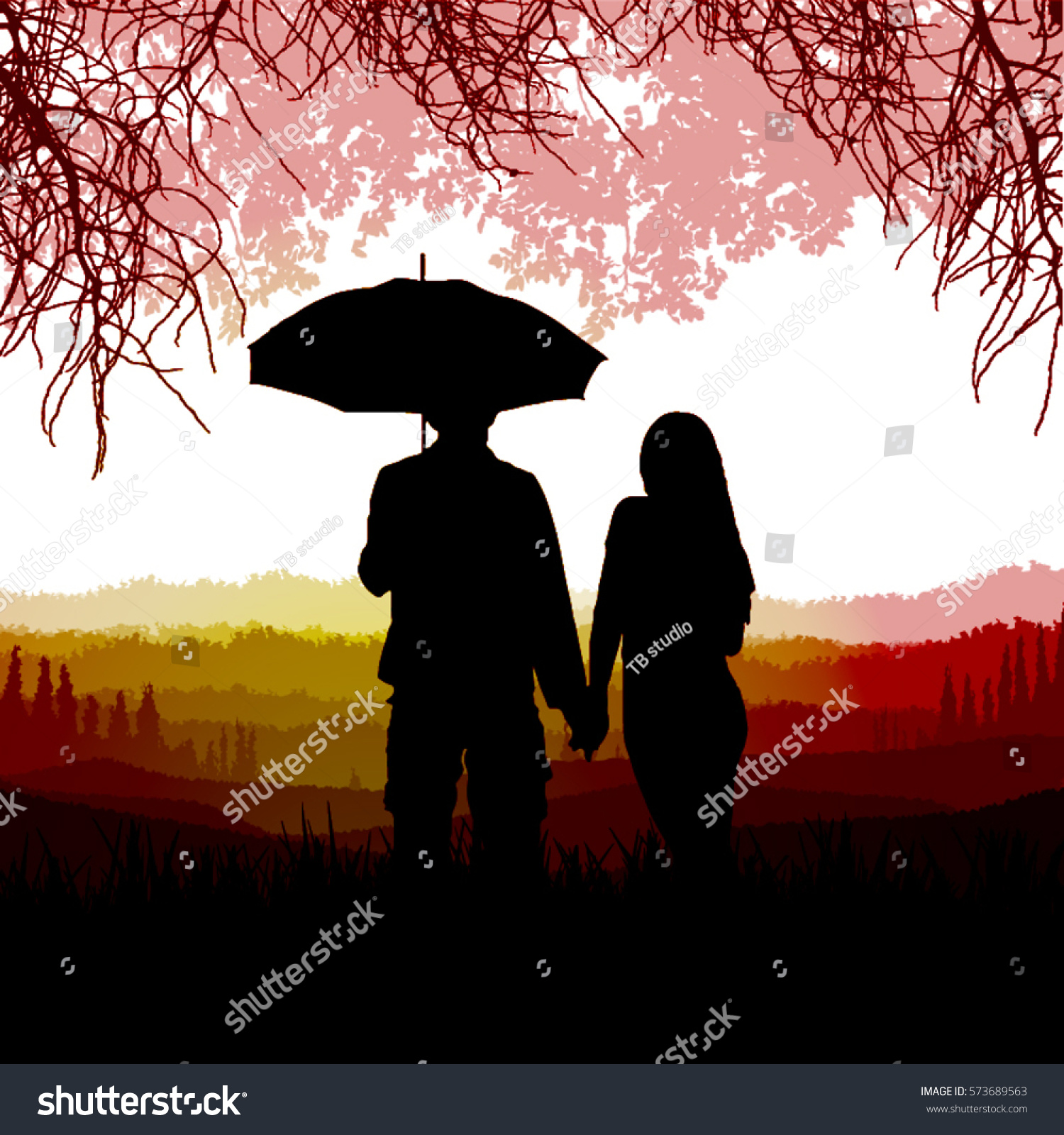 couple silhouette in forest valentine love concept.