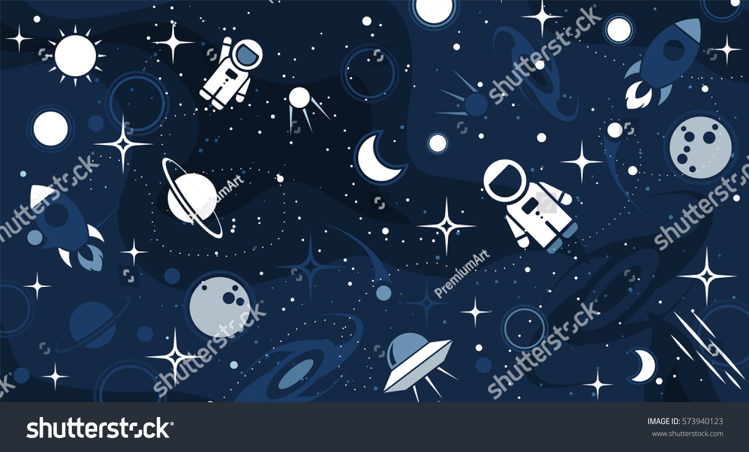 Vector flat cosmos design background. Cute template with Astronaut  Spaceship  Rocket  Moon  Black Hole  Stars in Outer space