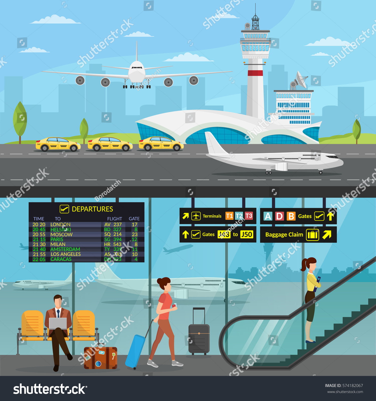 Airport passenger terminal and waiting room. International arrival departures background vector illustration airplane infographic