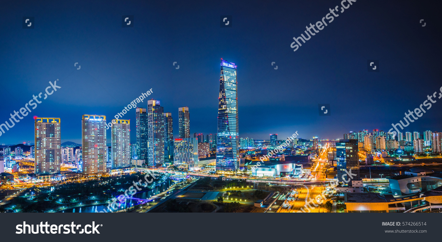 Night cityscape at Songdo Central Park Incheon Korea.