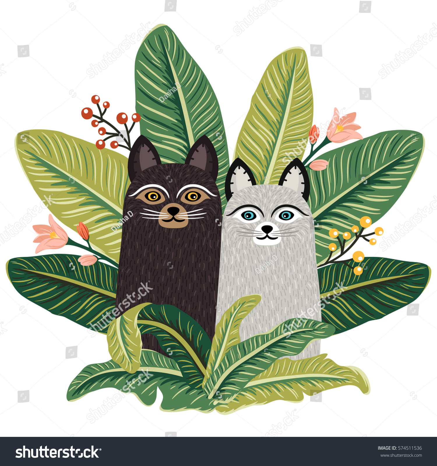 Two cute cats sitting among greenery. Summer pattern with fluffy kitten and tropical leaves. Vector cat art