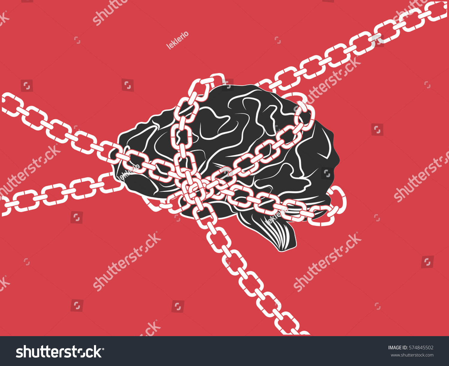 Chained brain  on red background. Brain with chain around like locked brain  represents a closed mind or brain injury.