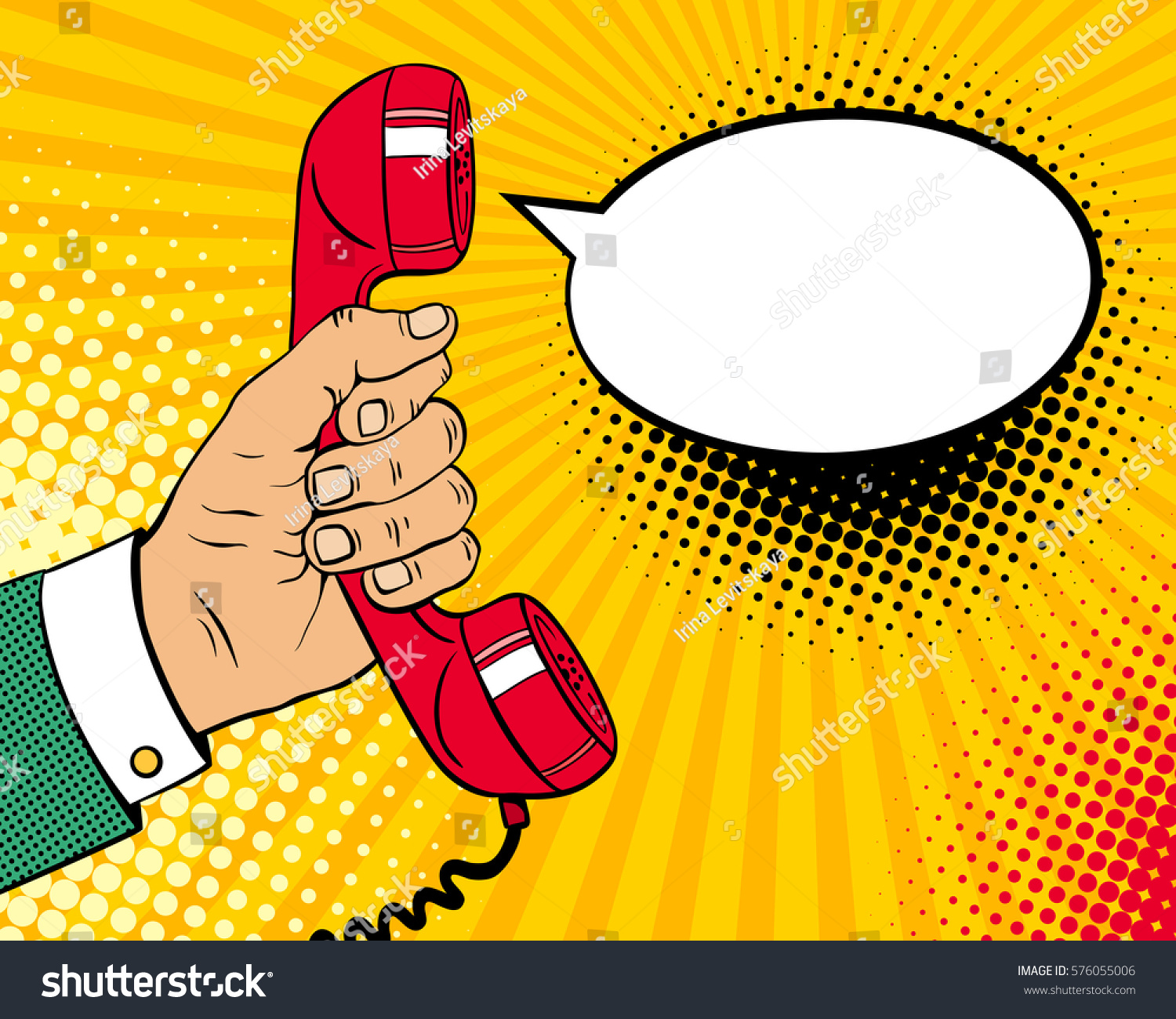 Pop art background with male hand holding old phone handset and empty speech bubble for your offer. Vector colorful hand drawn illustration in retro comic style.