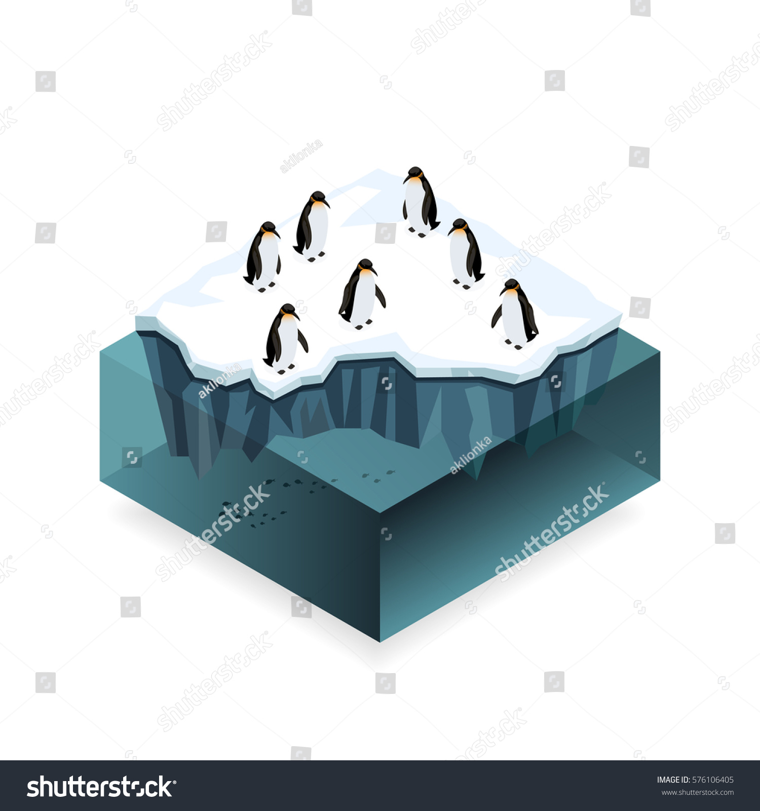 Penguins on ice in the open sea  isometric concept. Low poly 3d concept of nature in Antarctica. Vector illustration.
