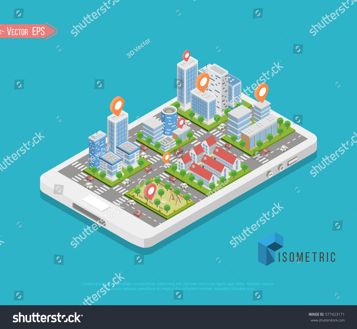 Flat isometric buildings on smartphone screen  Smart city app infographics template vector illustration. 3d isometry Mobile application concept.