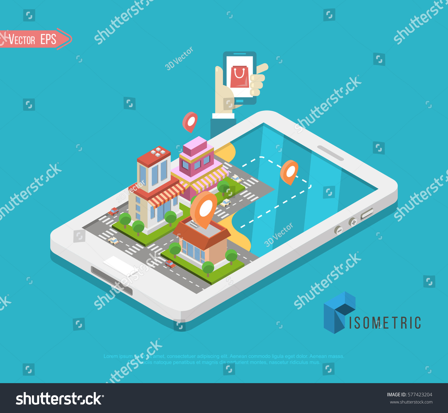Flat isometric buildings on smartphone screen  Smart city app infographics template vector illustration. 3d isometry Mobile application concept.