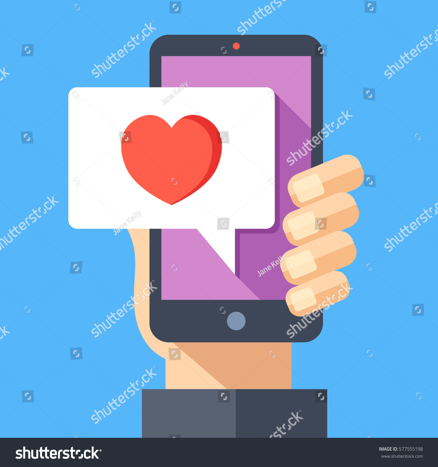 Hand holding smartphone with heart emoji message on screen  like button. Love confession  like. Social network and mobile device. Graphics for websites  web banners. Flat design vector illustration.