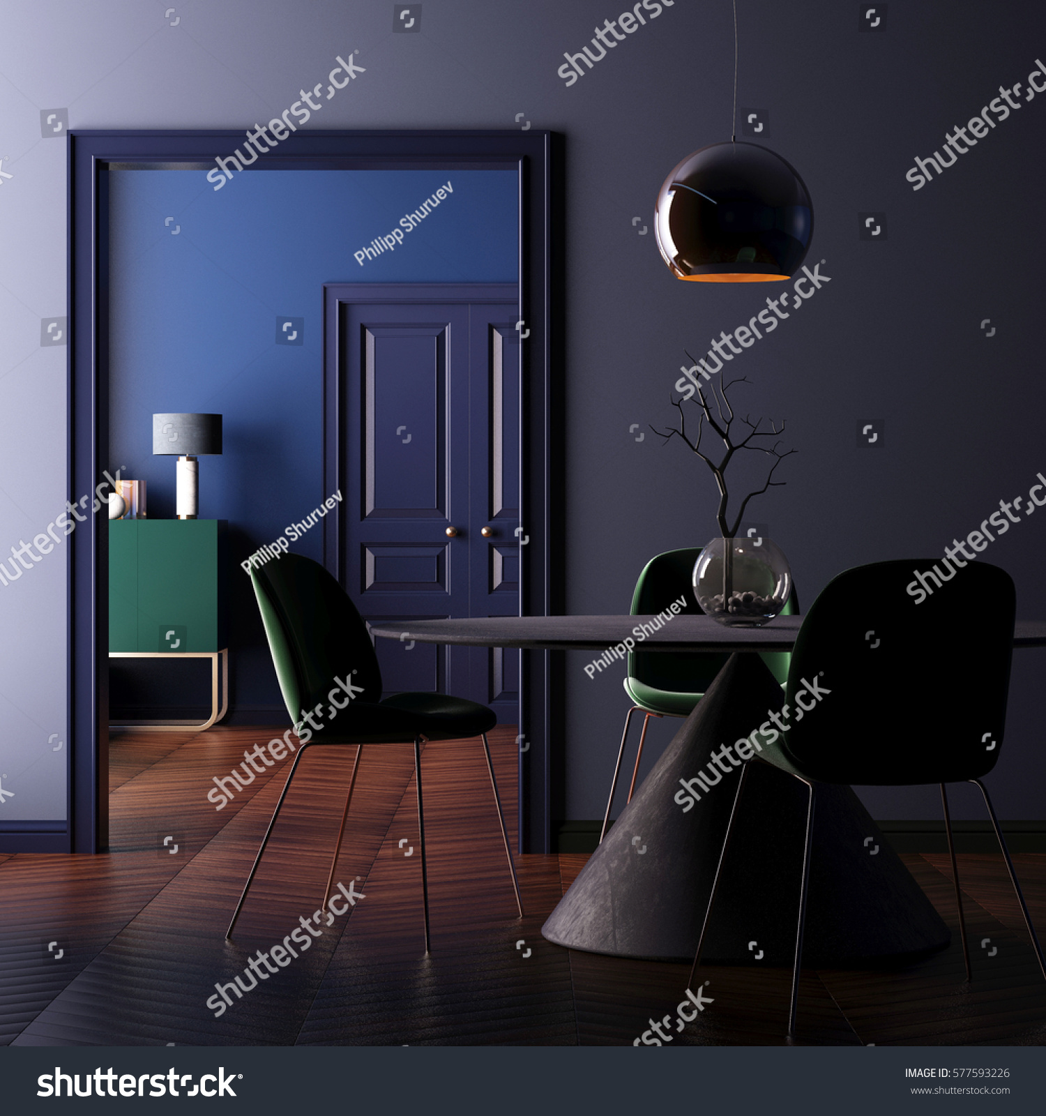 Interior art deco with a table and lamp. 3d rendering  3d illustration