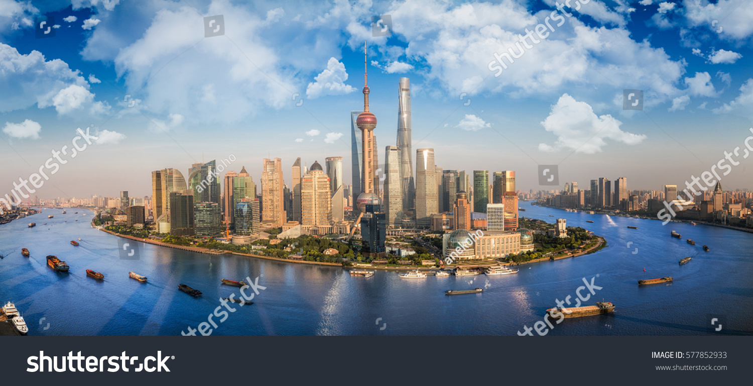 Shanghai city with river front and transprtation boat and blue sky  shanng hai  china  asia
