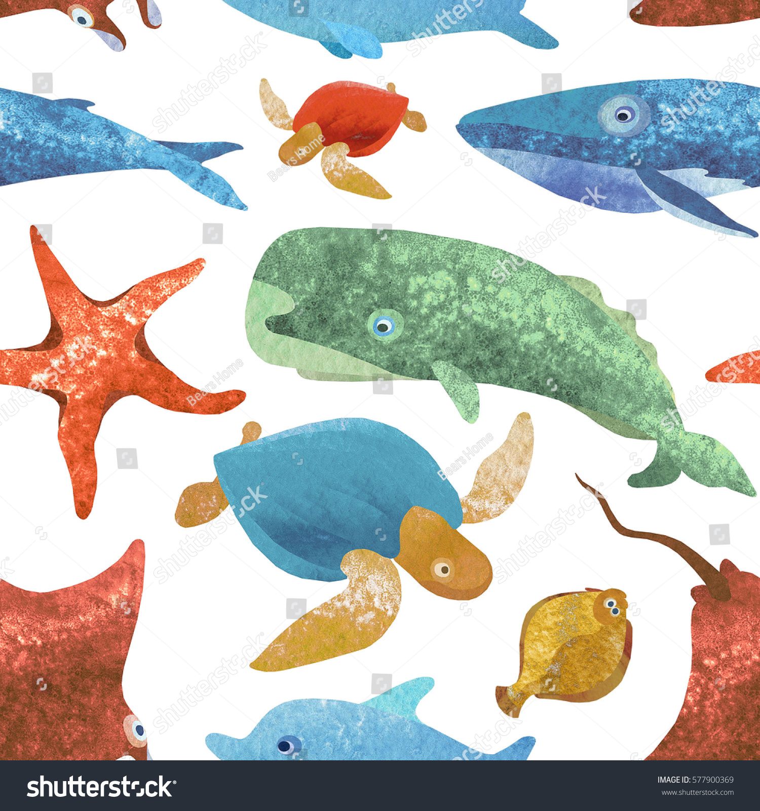 Seamless texture on ocean animals marine life. Illustration technique collage of watercolor textures. Whale dolphin sperm whale fish flounder jellyfish turtle starfish.